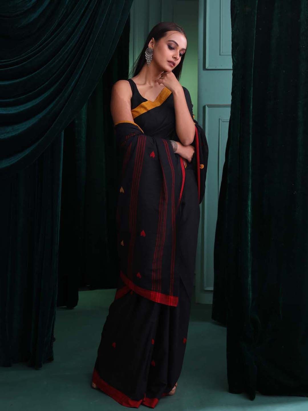 

Indethnic Woven Design Pure Cotton Taant Saree, Black