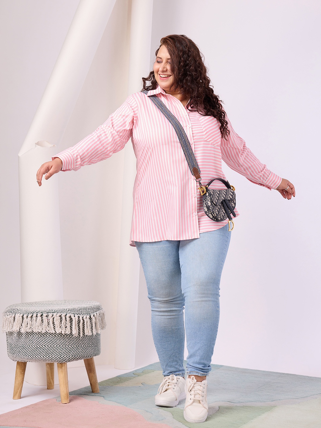 

RACHNA Plus Size Standard Opaque Striped Casual Shirt, Pink