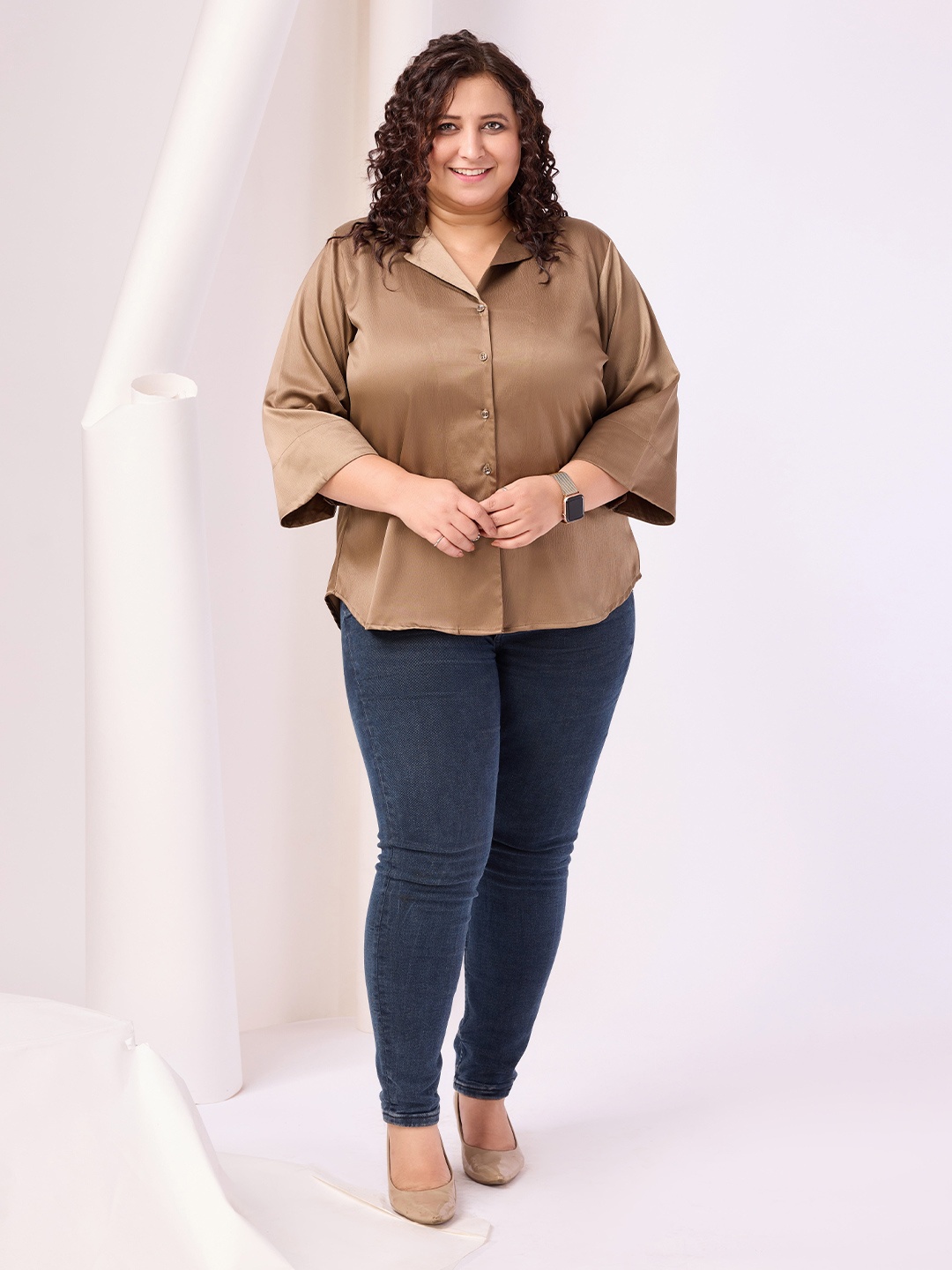 

RACHNA Plus Size Standard Cuban Collar Casual Shirt, Brown