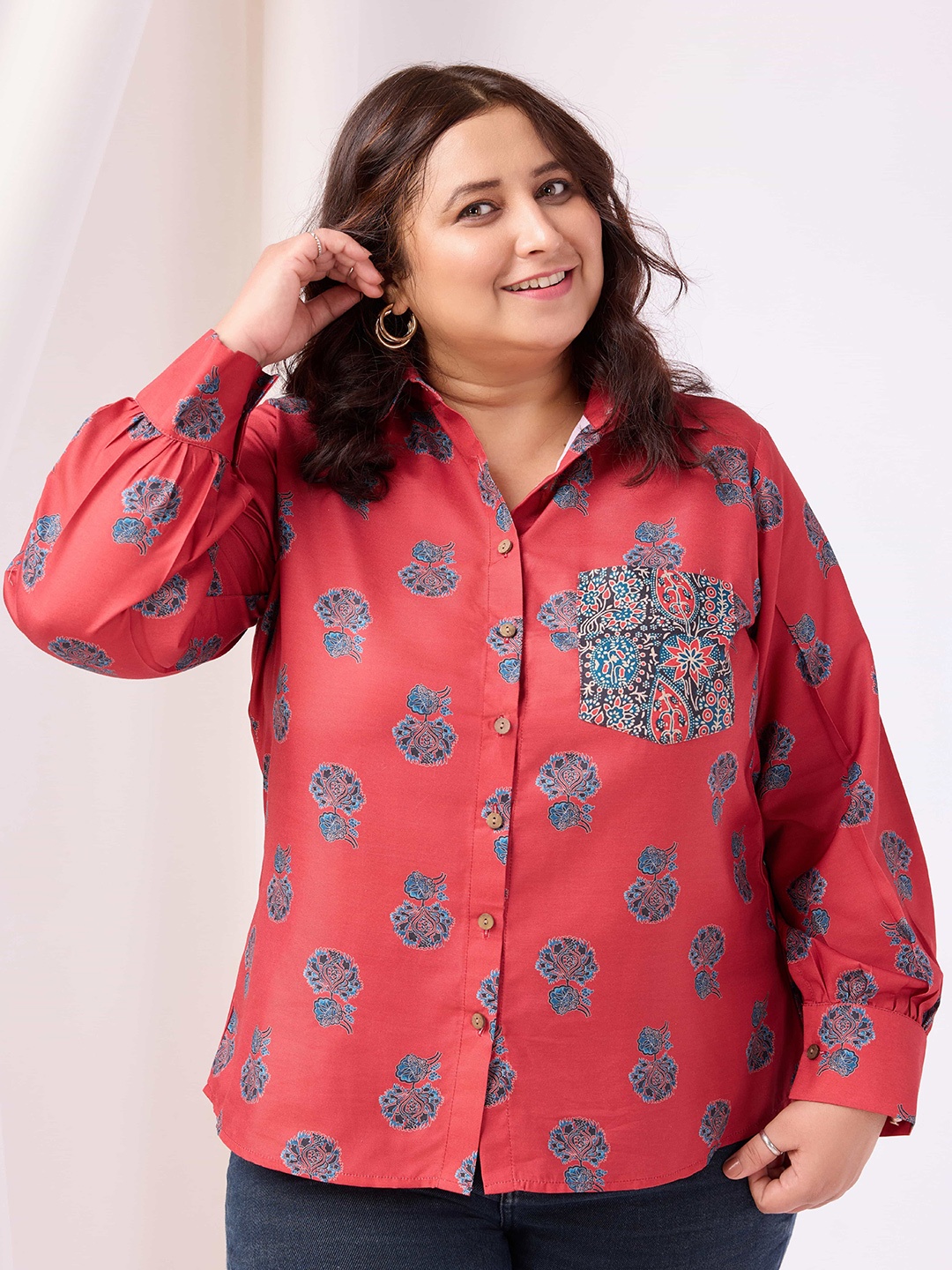 

RACHNA Plus Size Standard Floral Opaque Printed Party Shirt, Red