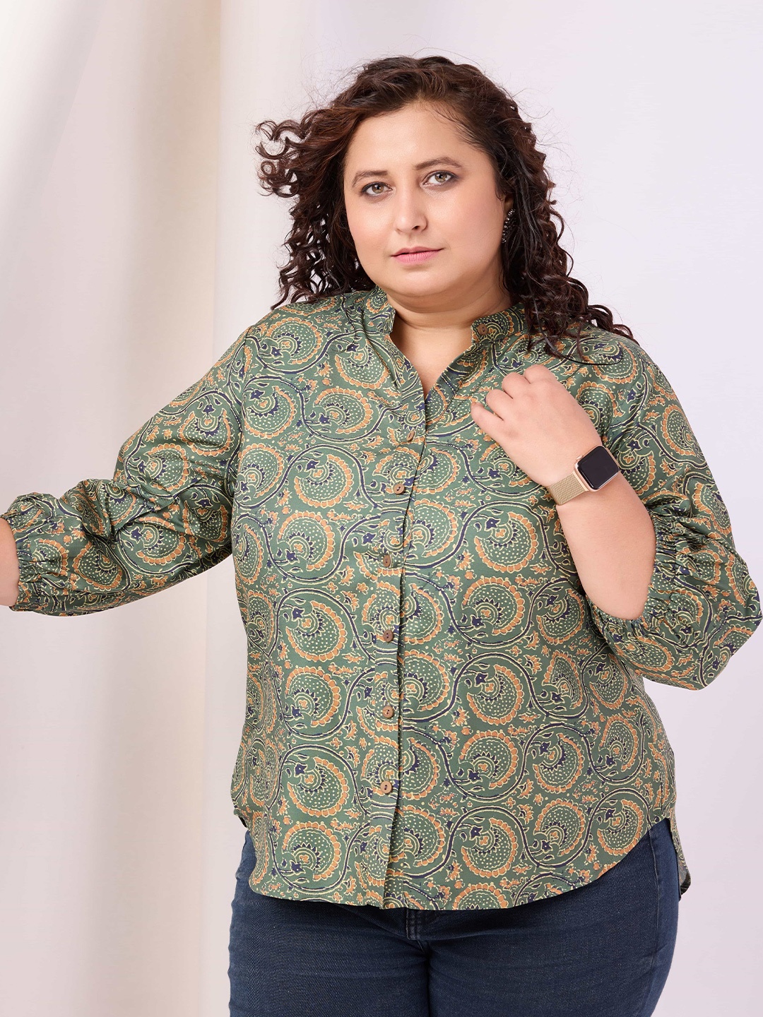 

RACHNA Plus Size Spread Collar Floral Printed Puff Sleeves Casual Shirt, Green