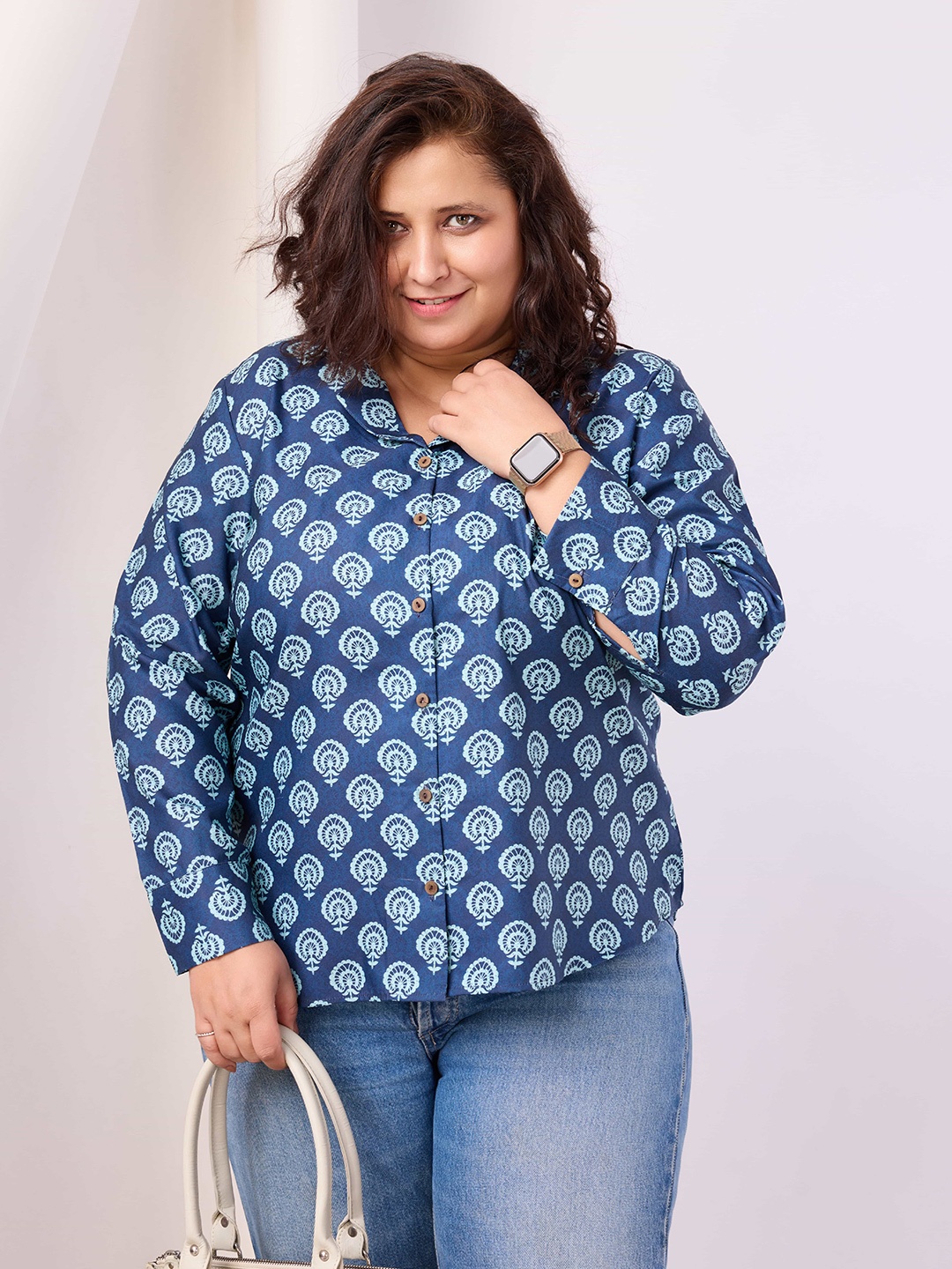 

RACHNA Plus Size Ethnic Motifs Standard Opaque Printed Party Shirt, Blue