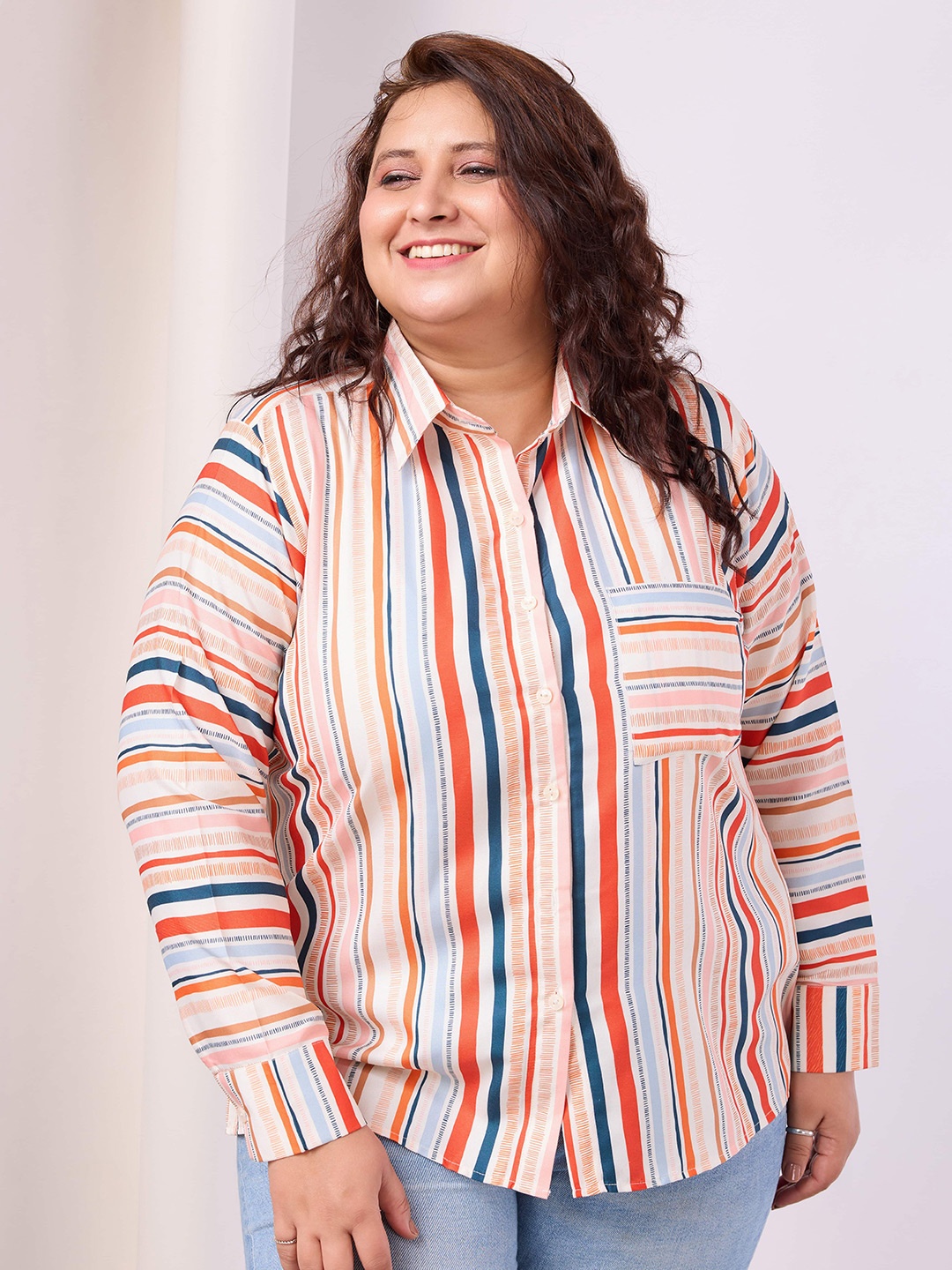 

RACHNA Plus Size Standard Opaque Striped Party Shirt, Orange
