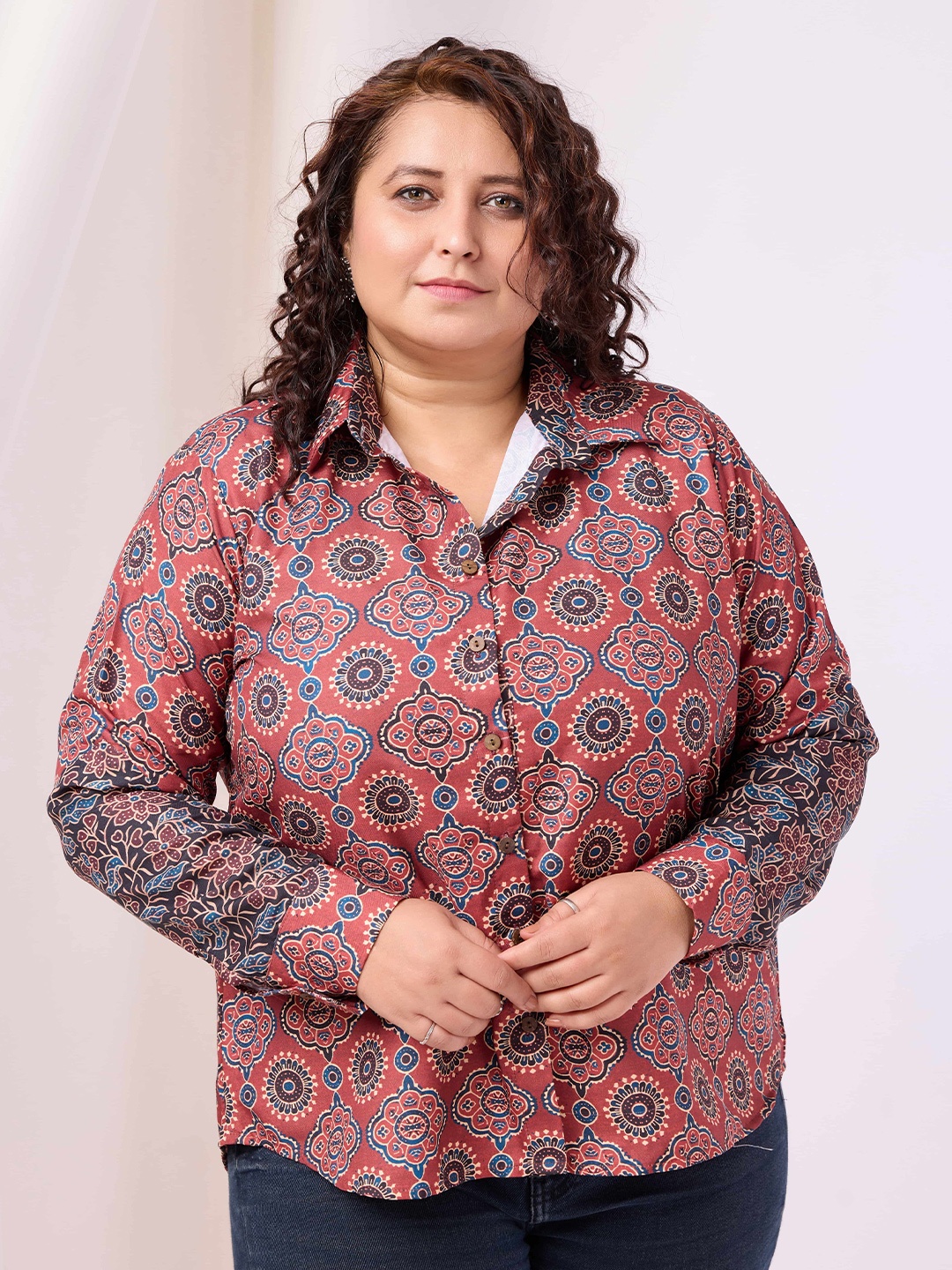 

RACHNA Plus Size Standard Ethnic Printed Spread Collar Party Shirt, Red