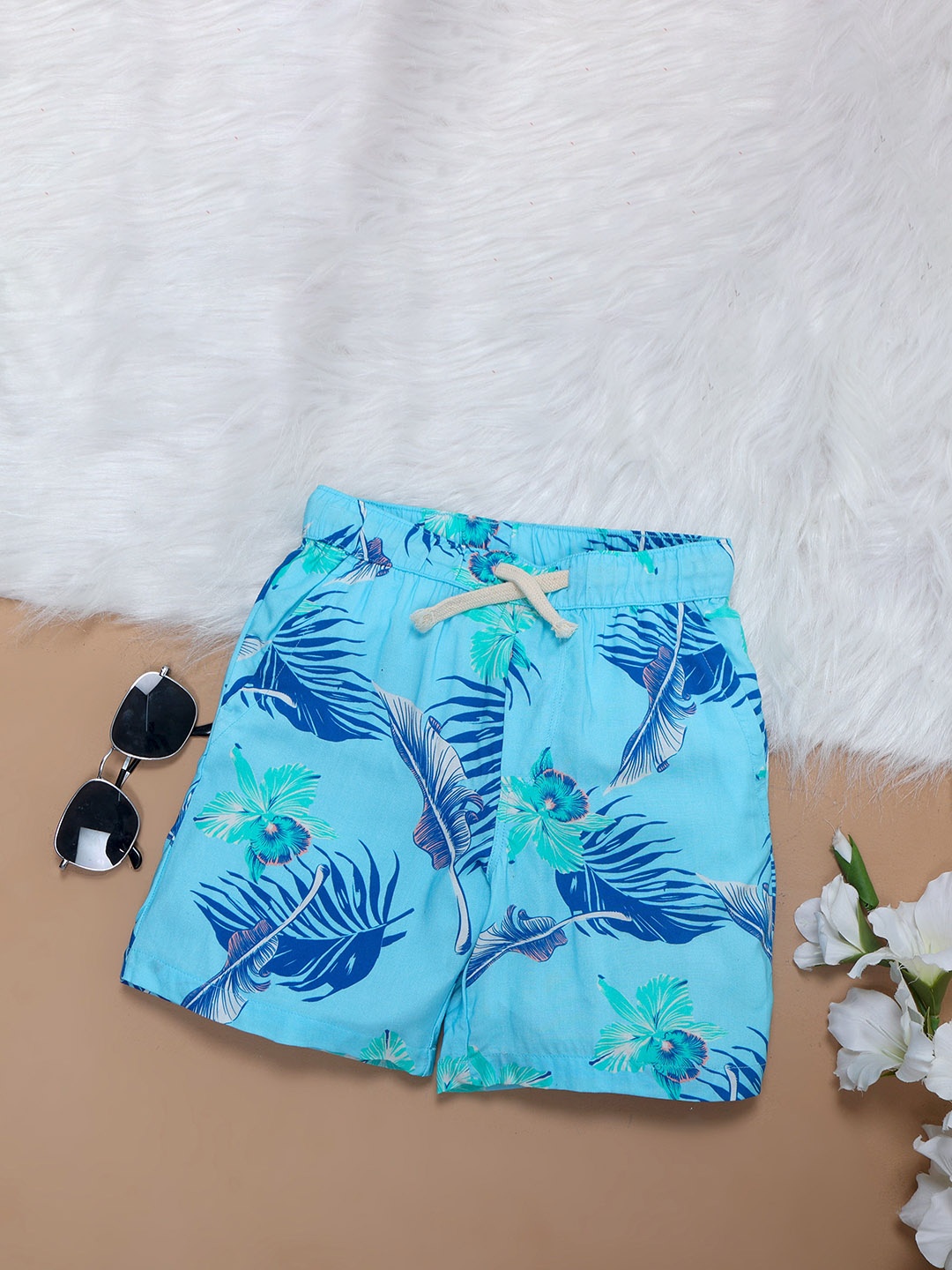 The Lion and The Fish Boys Tropical Printed Relaxed Fit Shorts, Blue
