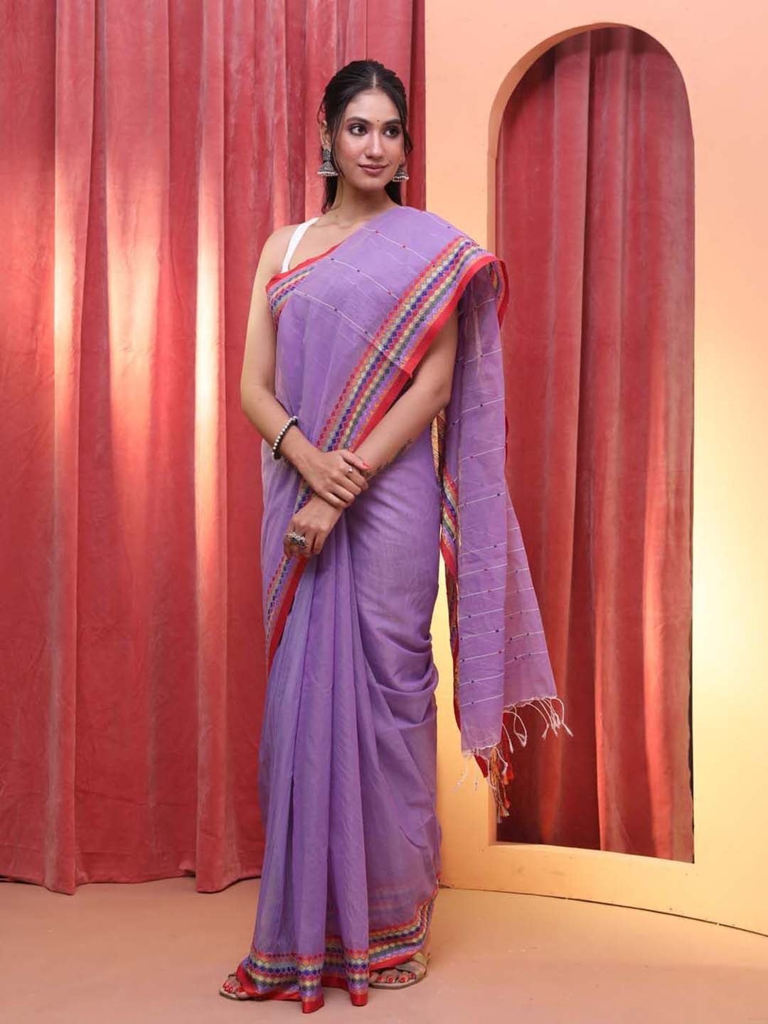 

Saranee Striped Chanderi Saree, Purple