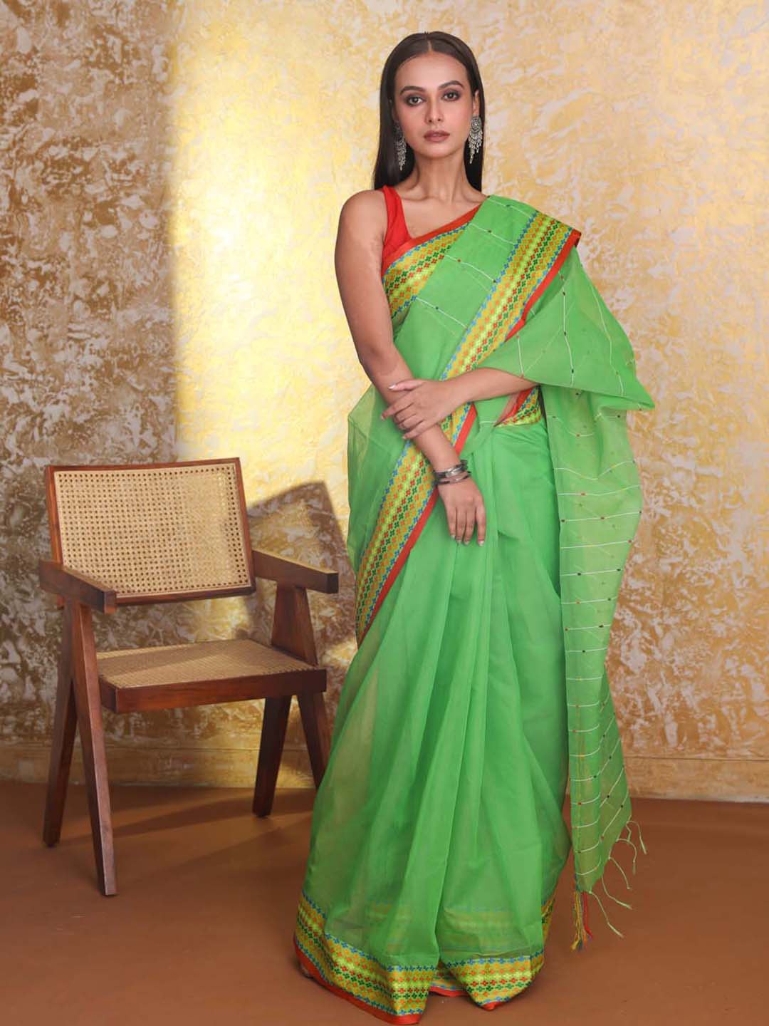 

Saranee Striped Chanderi Saree, Green