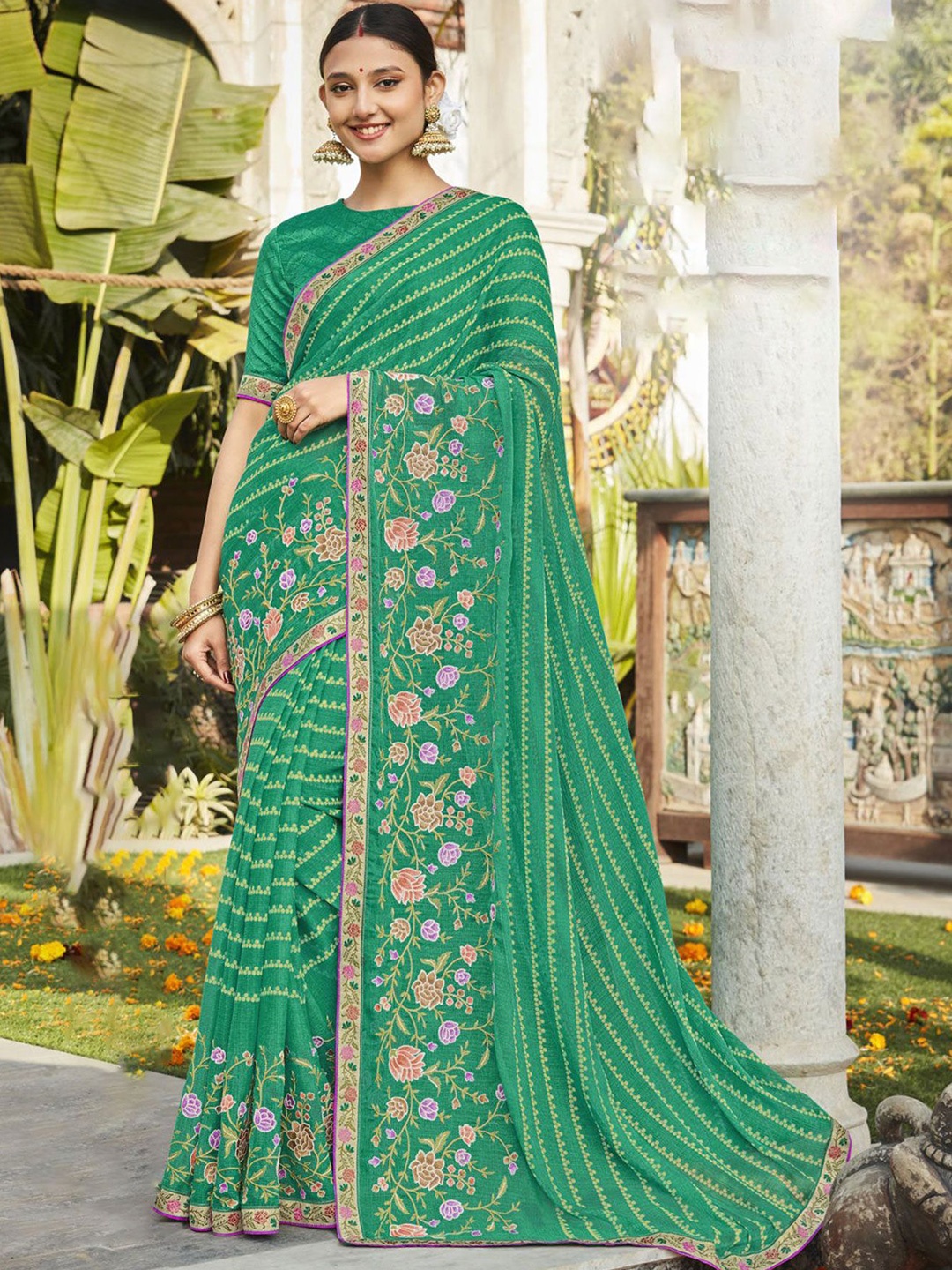 

Laxmipati Woven Design Embroidered Leheriya Saree With Blouse Piece, Green