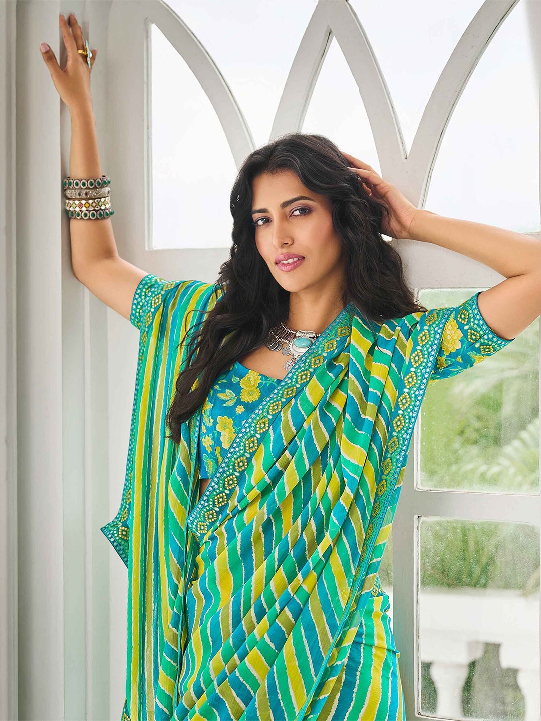 

Laxmipati Leheriya Embroidered Leheriya Saree, Green