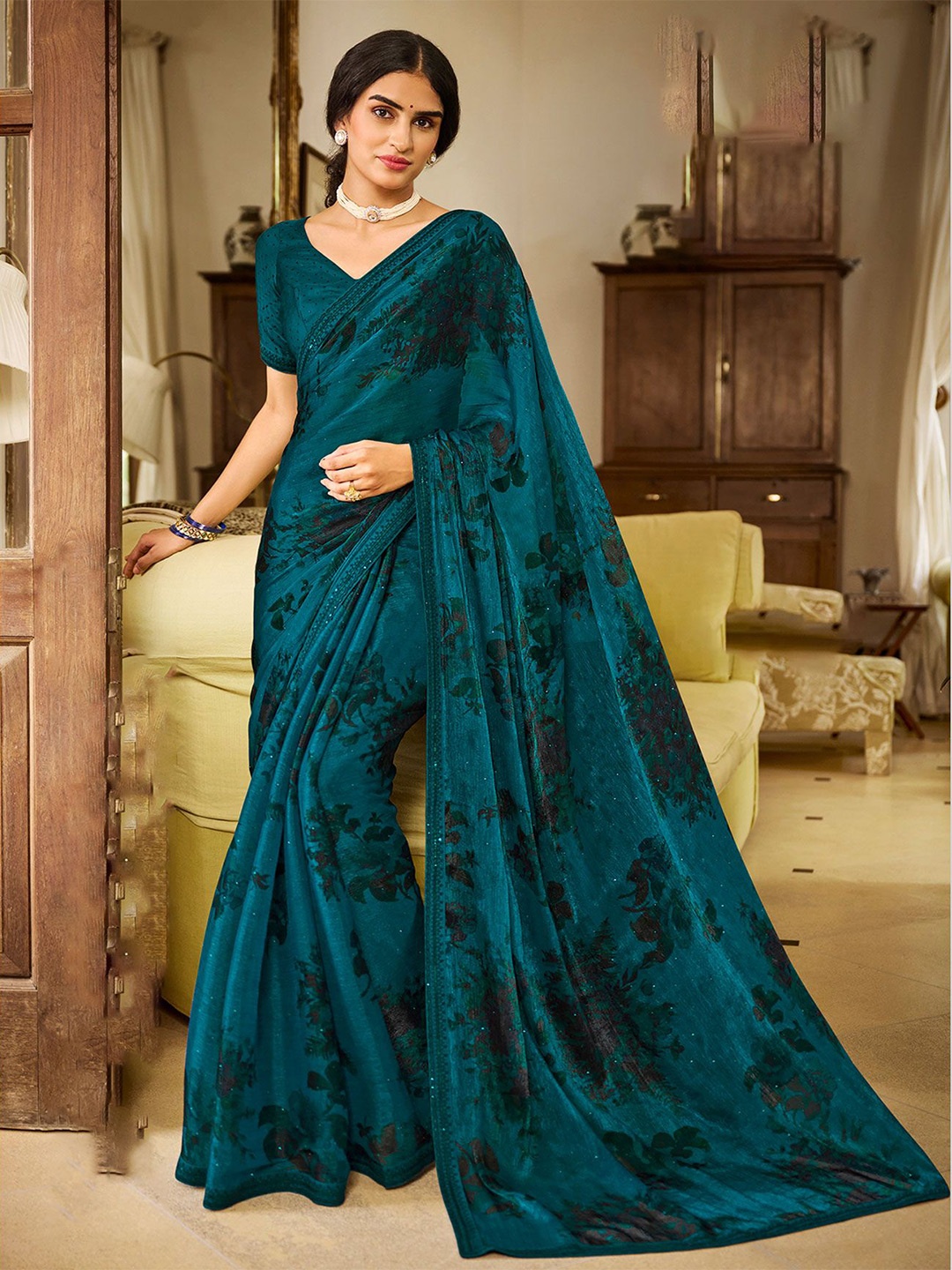 

Laxmipati Floral Beads and Stones Satin Saree, Teal