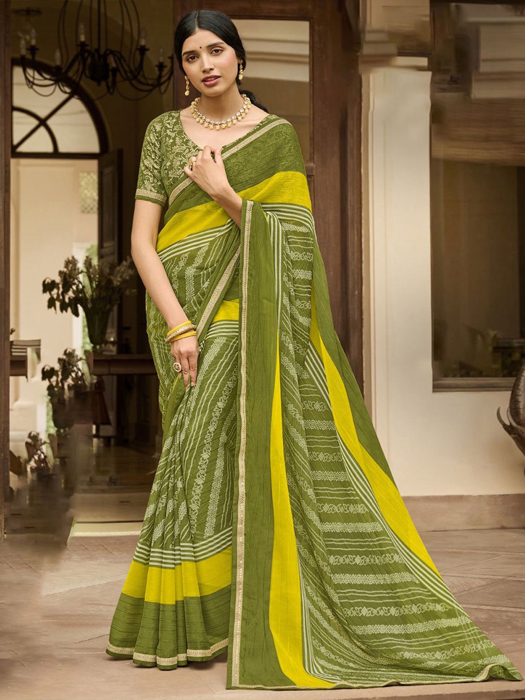 

Laxmipati Embroidered Bandhani Saree, Olive