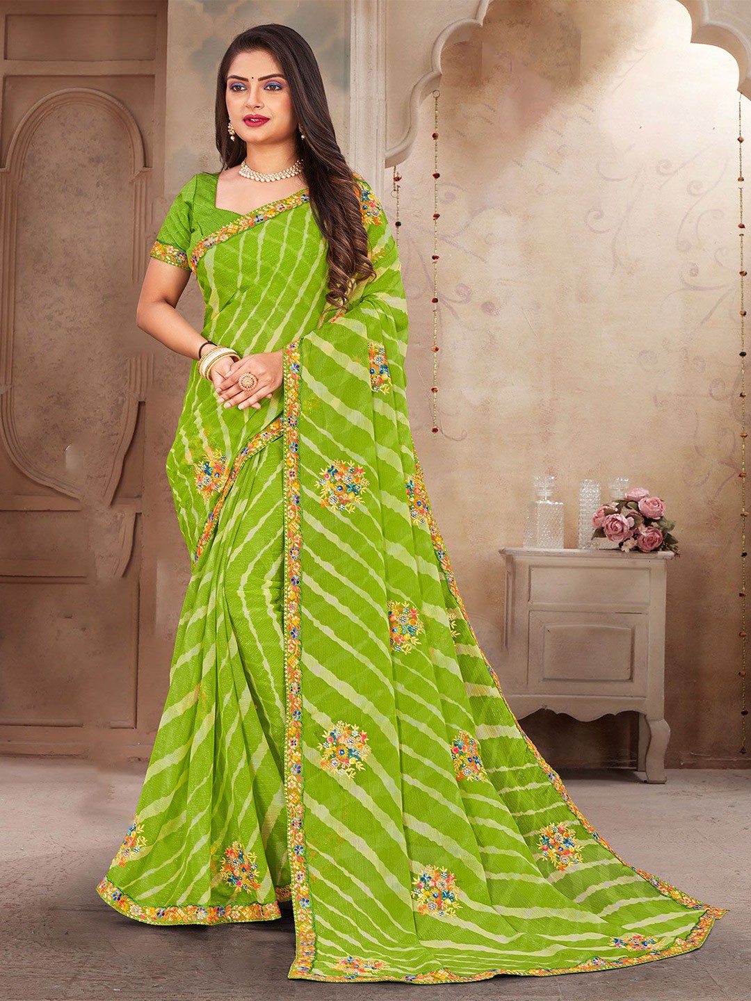 

Laxmipati Leheriya Embroidered Leheriya Saree, Green