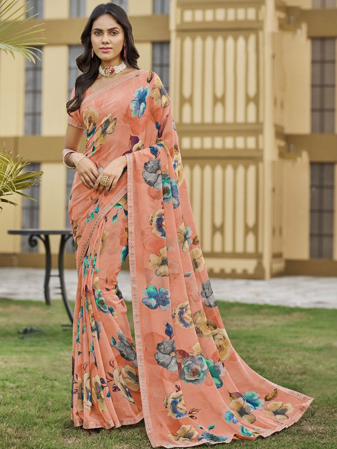 

Laxmipati Floral Printed Embroidered Saree, Orange
