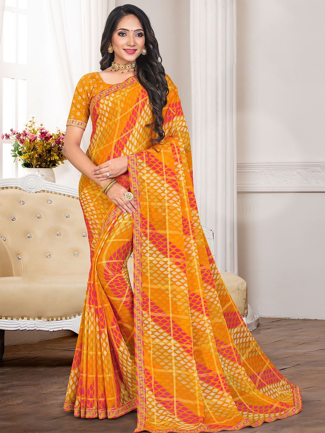 

Laxmipati Beads and Stones Block Print Saree, Orange
