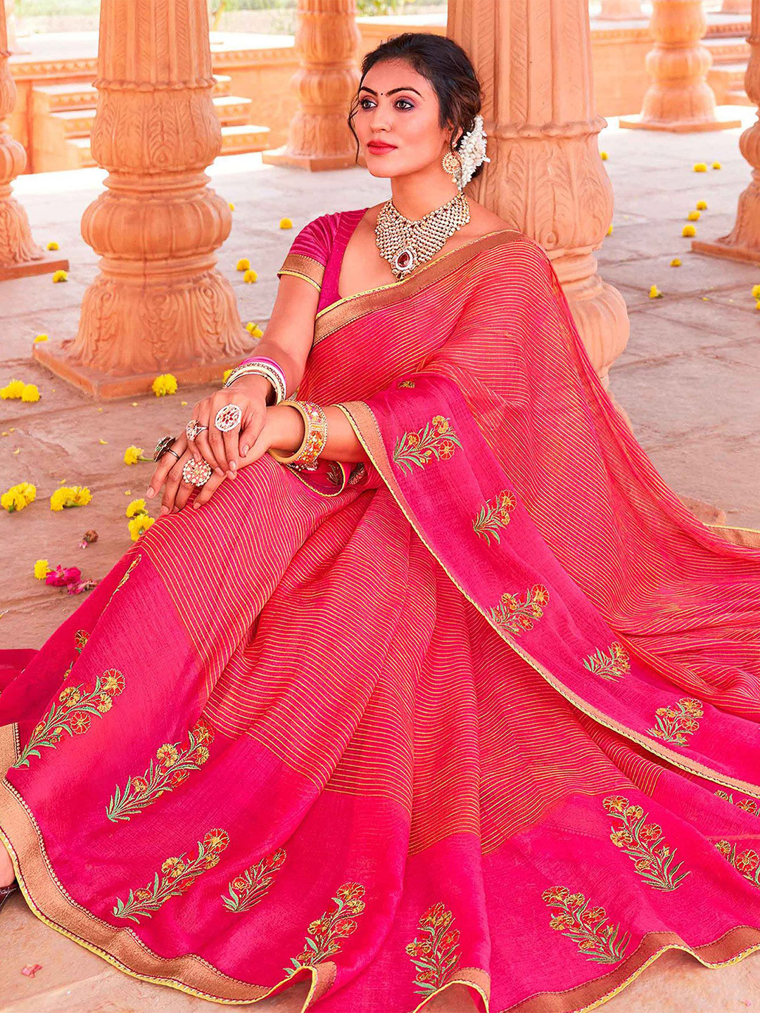

Laxmipati Striped Embroidered Saree, Pink