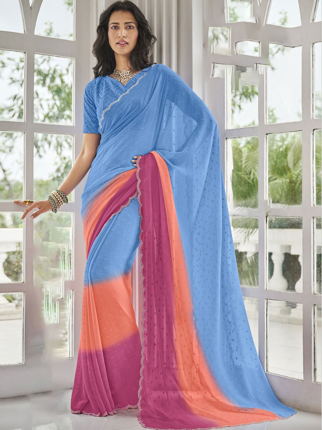 

Laxmipati Ombre Beads and Stones Saree, Blue