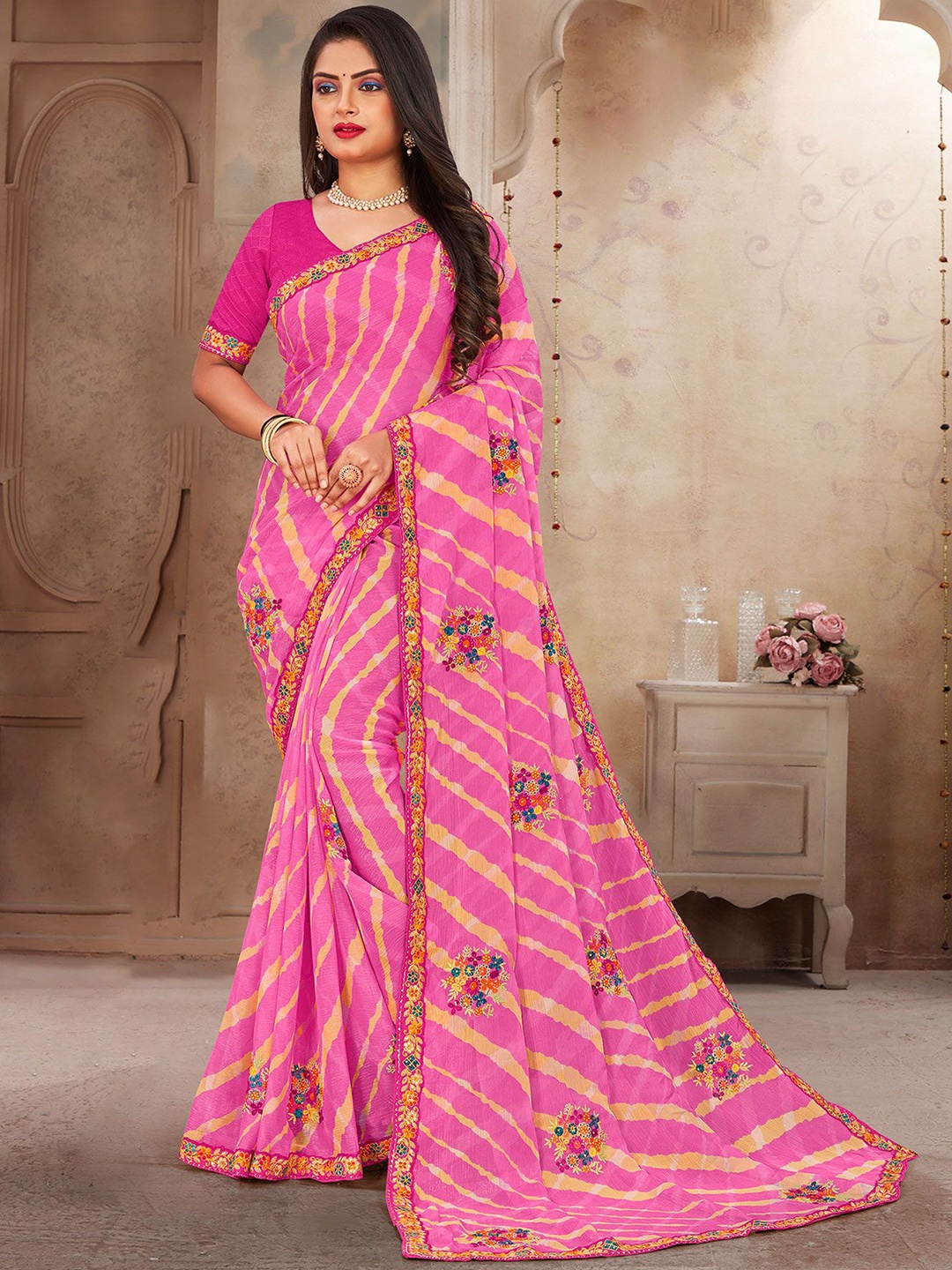 

Laxmipati Leheriya Embroidered Leheriya Saree, Pink