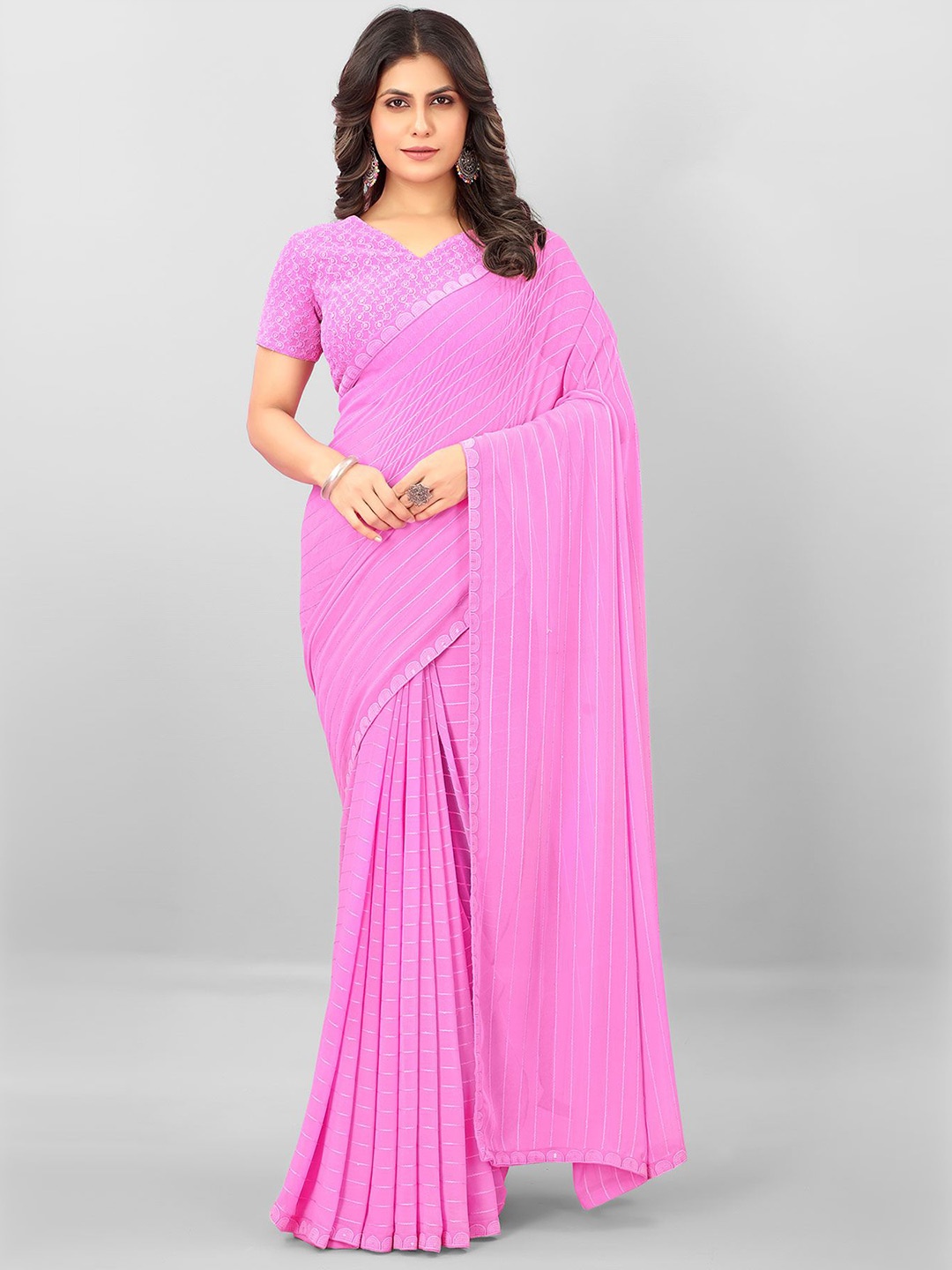 

Laxmipati Striped Embroidered Saree, Pink