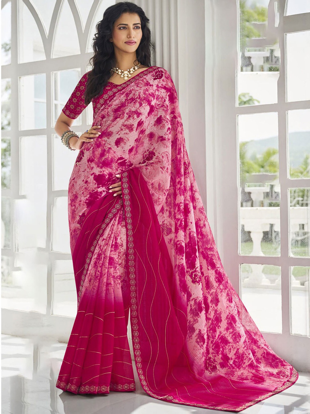 

Laxmipati Tie and Dye Embroidered Saree, Pink