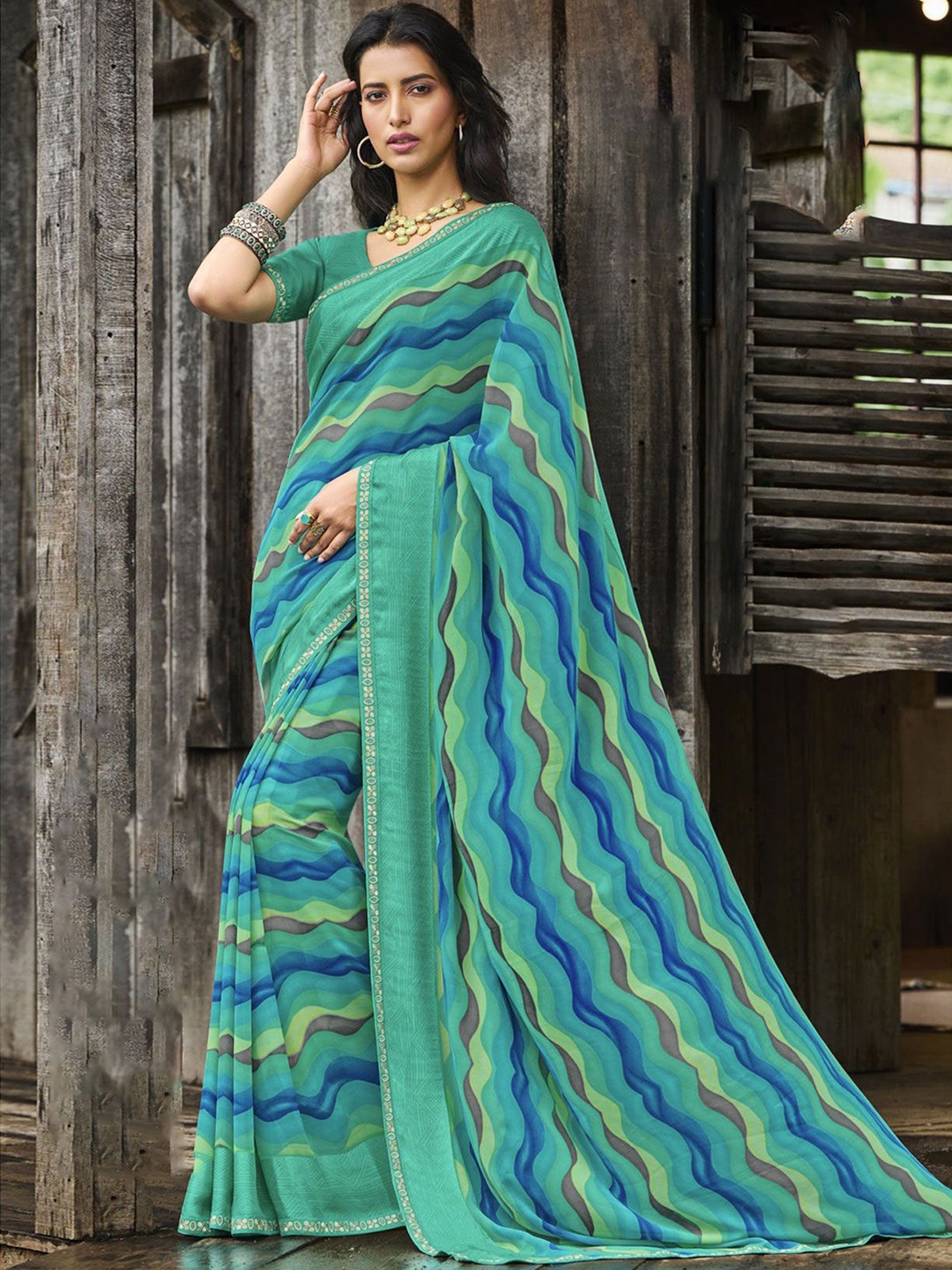 

Laxmipati Embroidered Leheriya Saree, Green