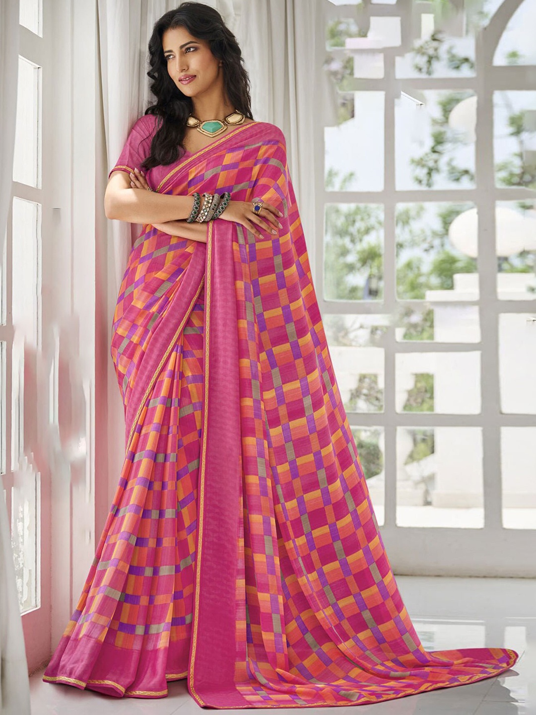 

Laxmipati Checked Patchwork Saree, Pink