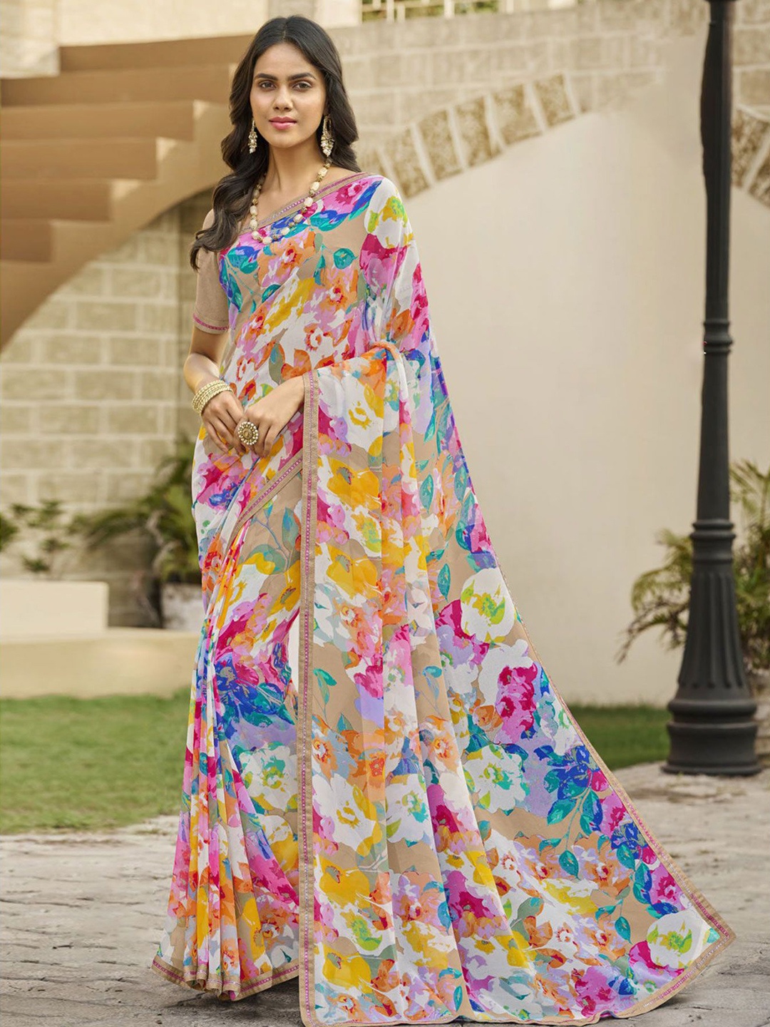 

Laxmipati Floral Sequinned Saree, White