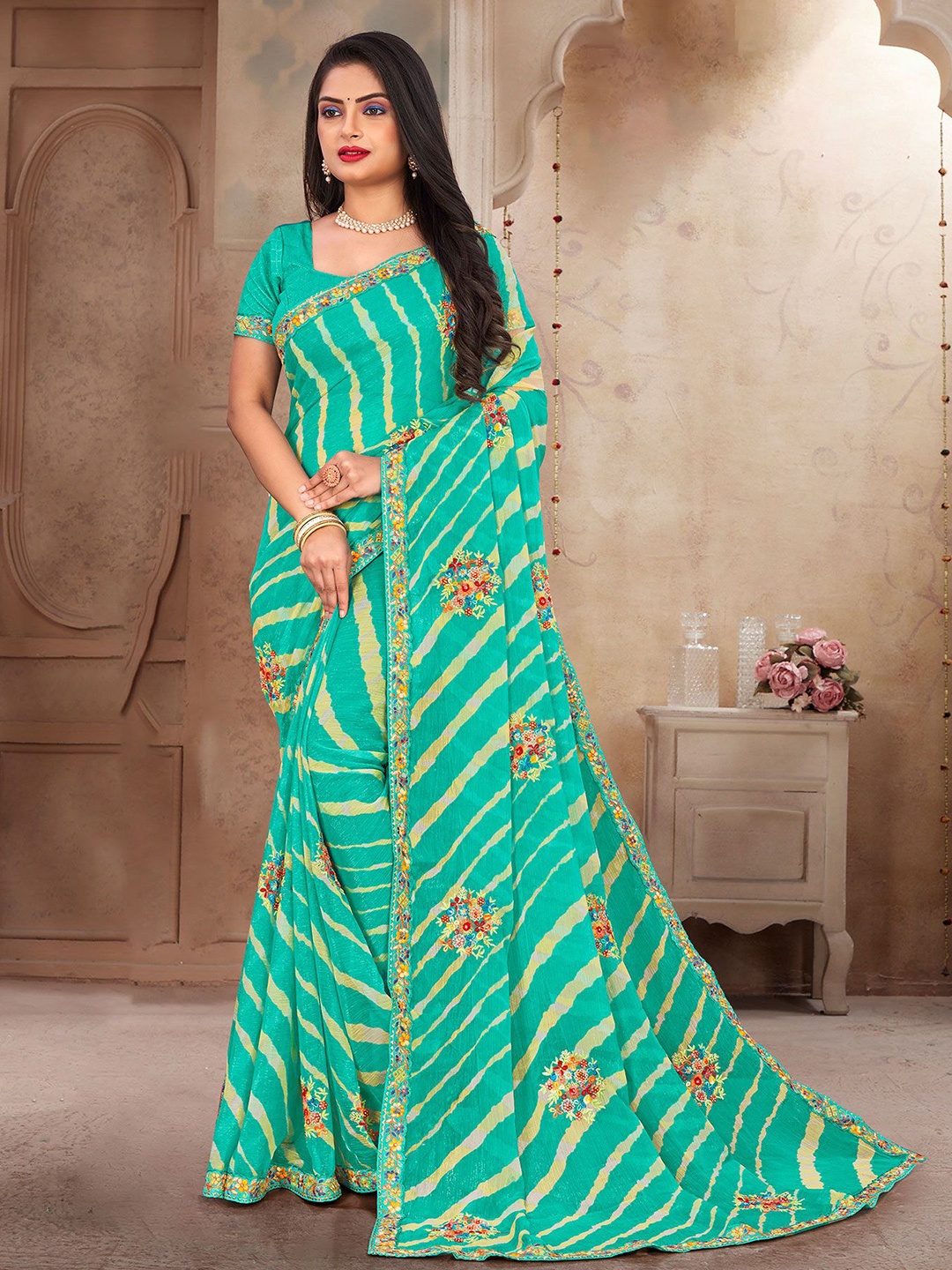 

Laxmipati Leheriya Embroidered Saree, Blue