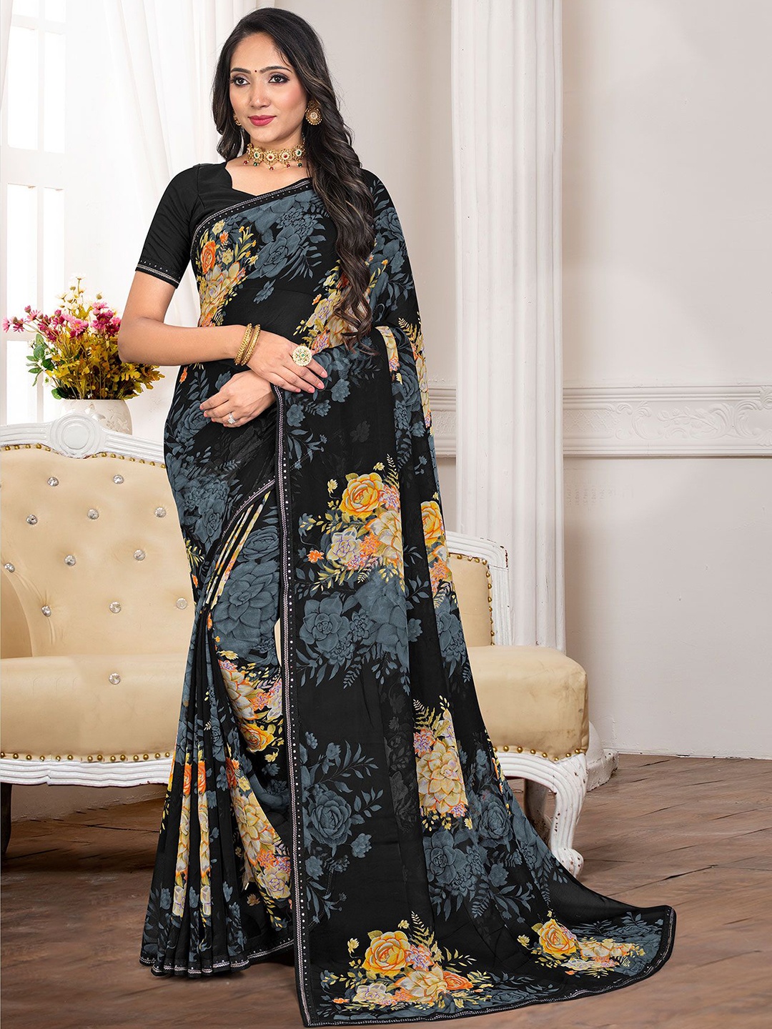 

Laxmipati Floral Sequinned Saree, Black