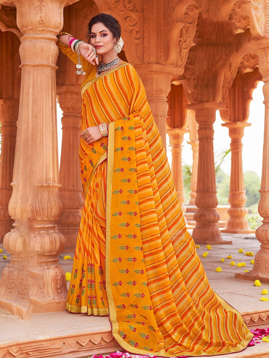 

Laxmipati Leheriya Embroidered Leheriya Saree, Mustard