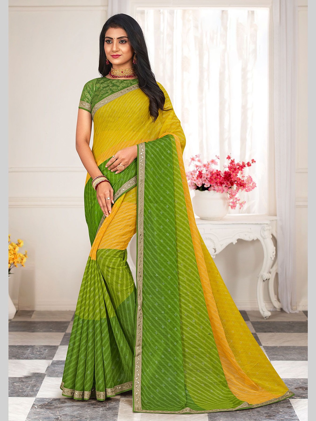 

Laxmipati Leheriya Embroidered Saree, Green