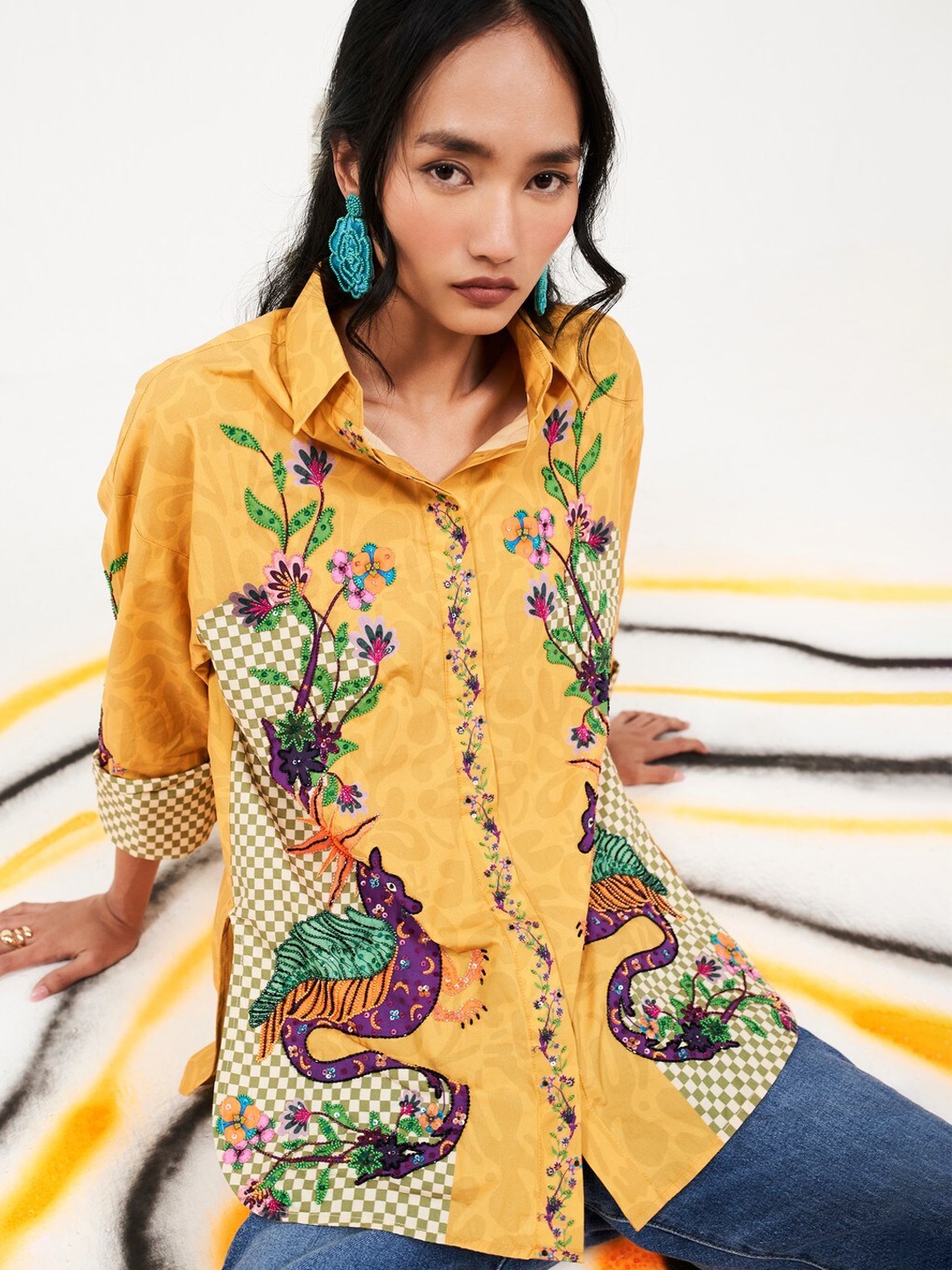 

VERB BY PALLAVI SINGHEE Relaxed Fit Floral Embroidered Puff Sleeves Cotton Casual Shirt, Mustard