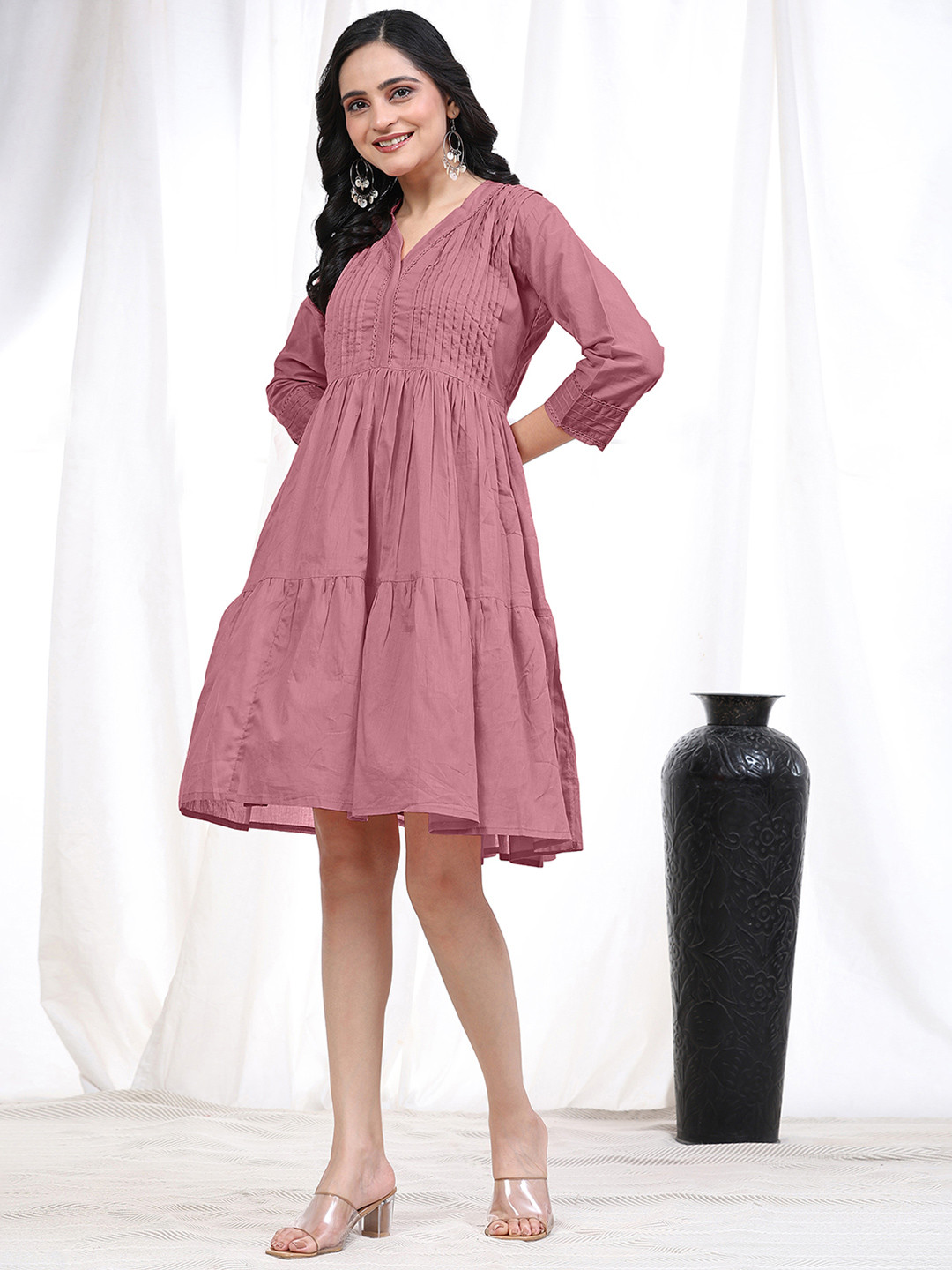 

Trendmalls Women Striped Pure Cotton Empire Dress, Peach
