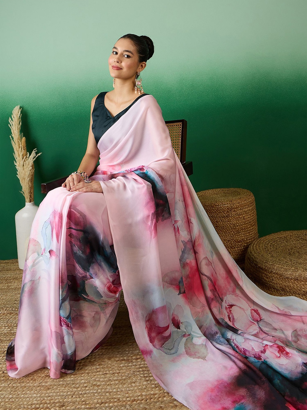 

Sangria Tie & Dye-Printed Satin Sarees, Pink