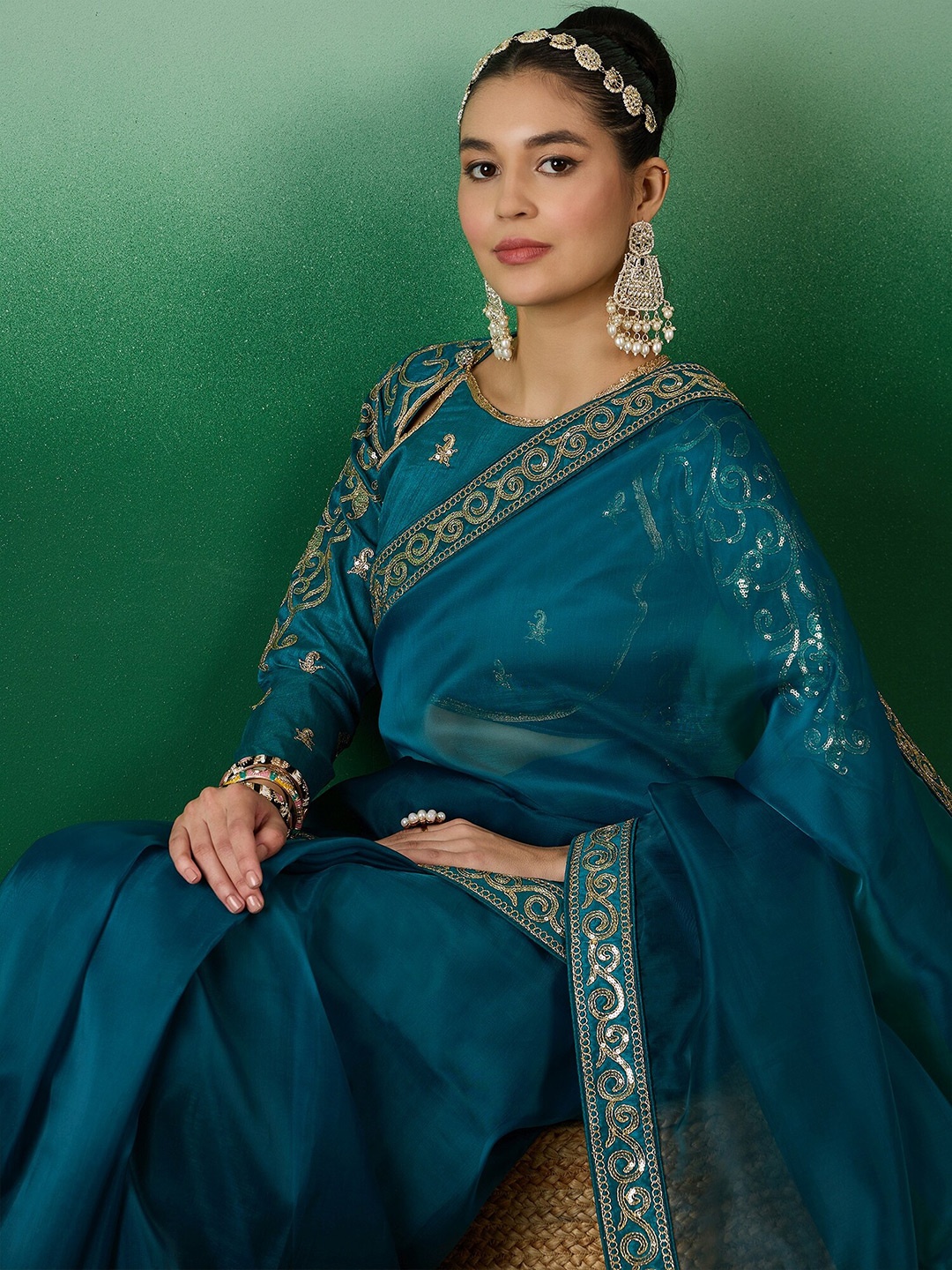 

Sangria Embroidered Organza Saree, Blue