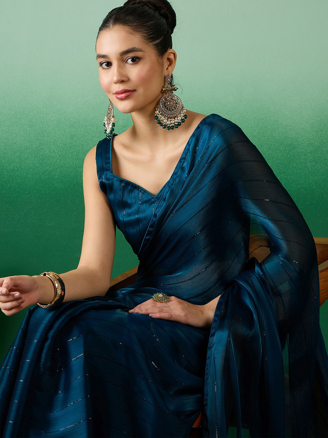 

Sangria Striped Satin Sarees, Teal