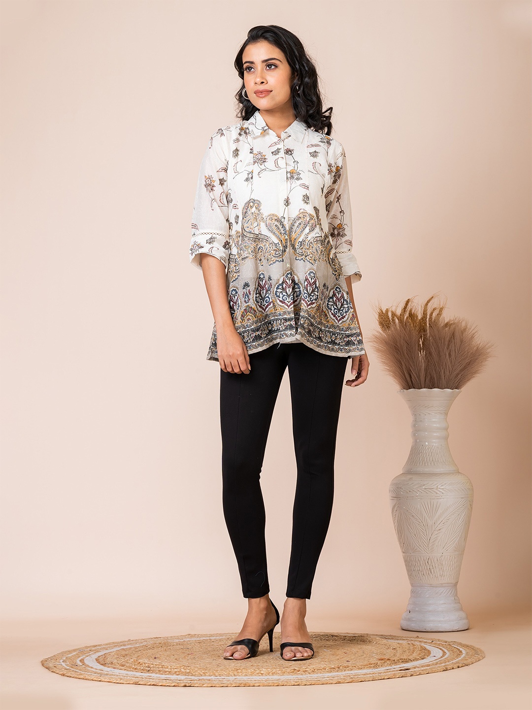 

SARSO Ethnic Motifs Printed Shirt Style Top, Off white