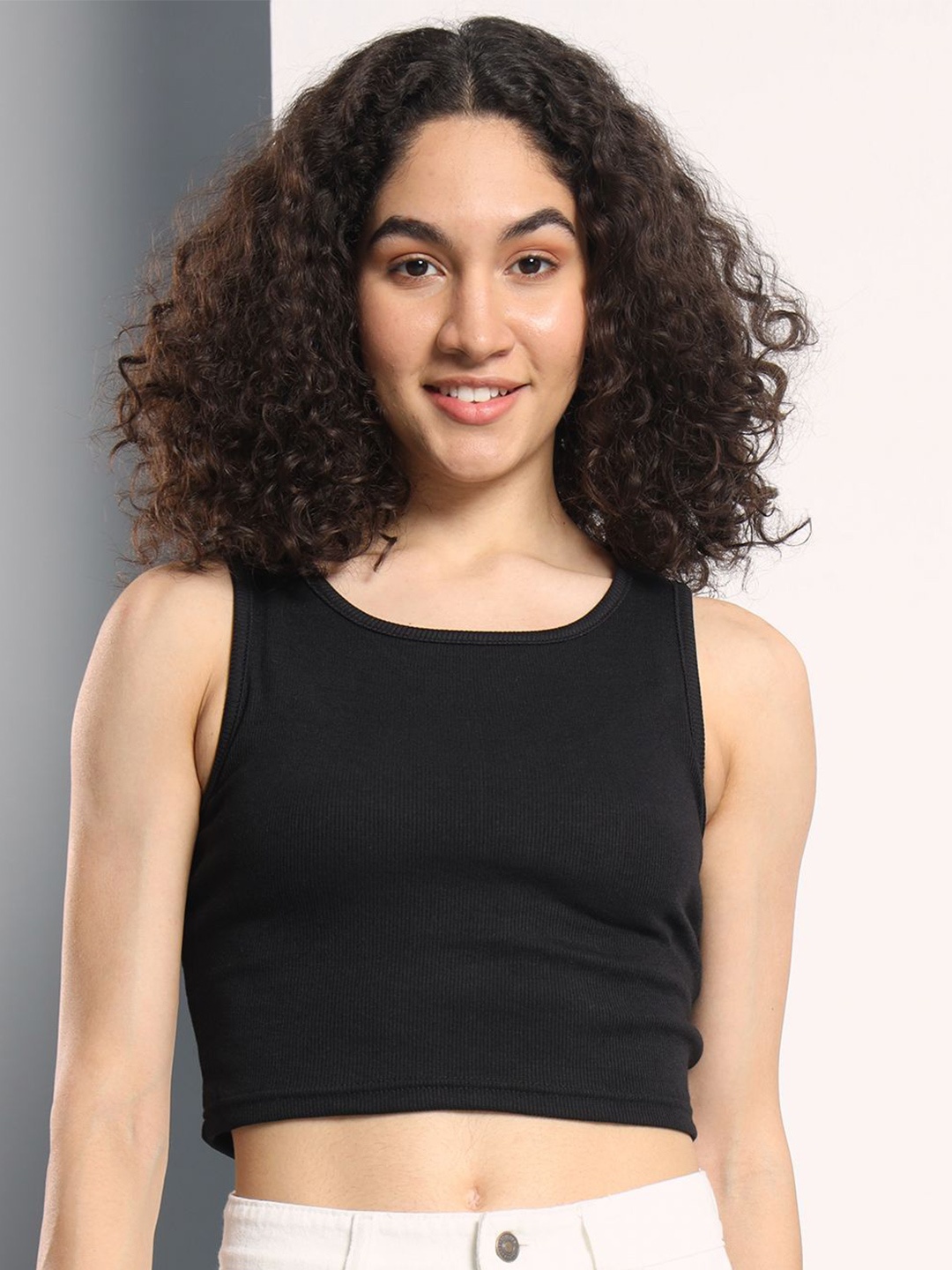 

Q-rious Knitted Cotton Tank Crop Top, Black