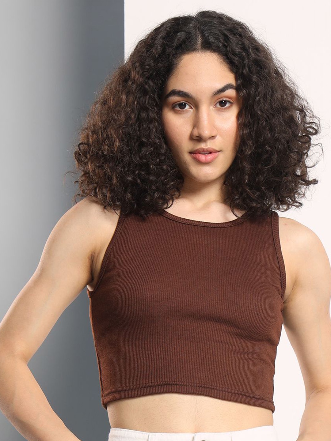 

Q-rious Round Neck Sleeveless Cotton Crop Top, Brown