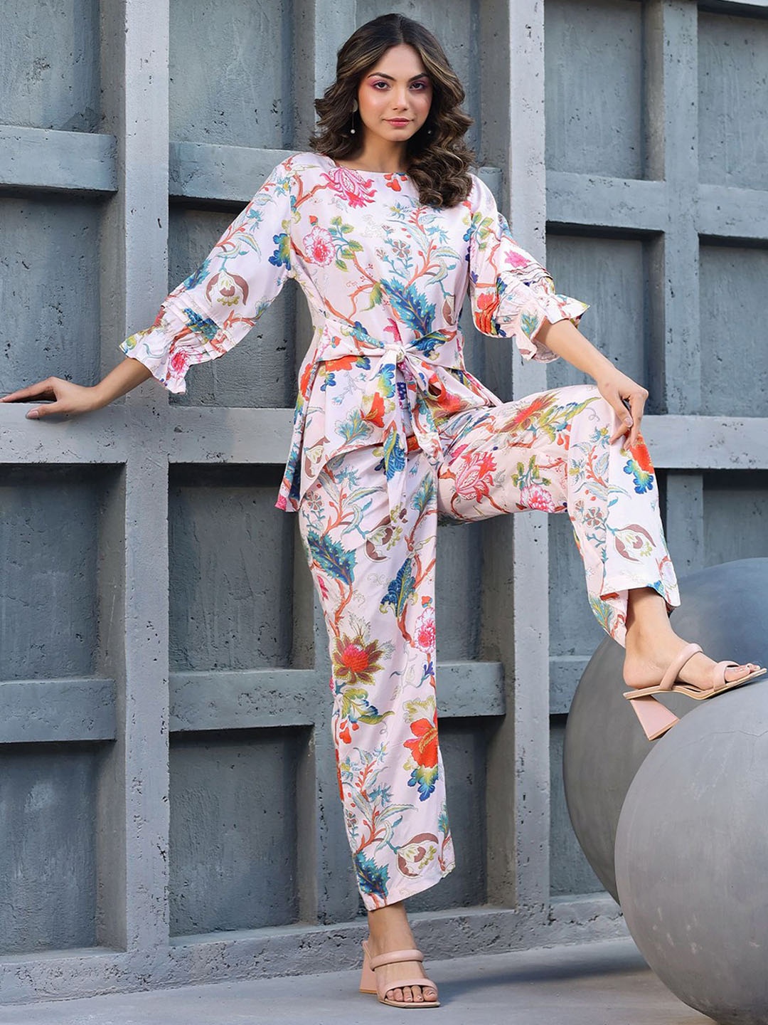 

ODETTE Muslin Printed Stitched Indo Western Co Ord Set, White