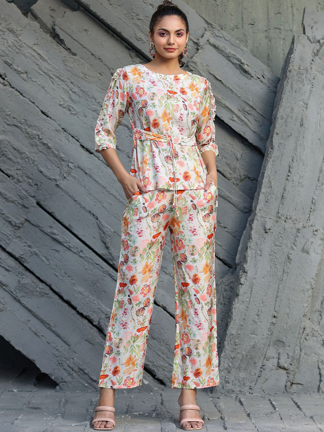 

ODETTE Floral Printed Round Neck Top & Trousers, White