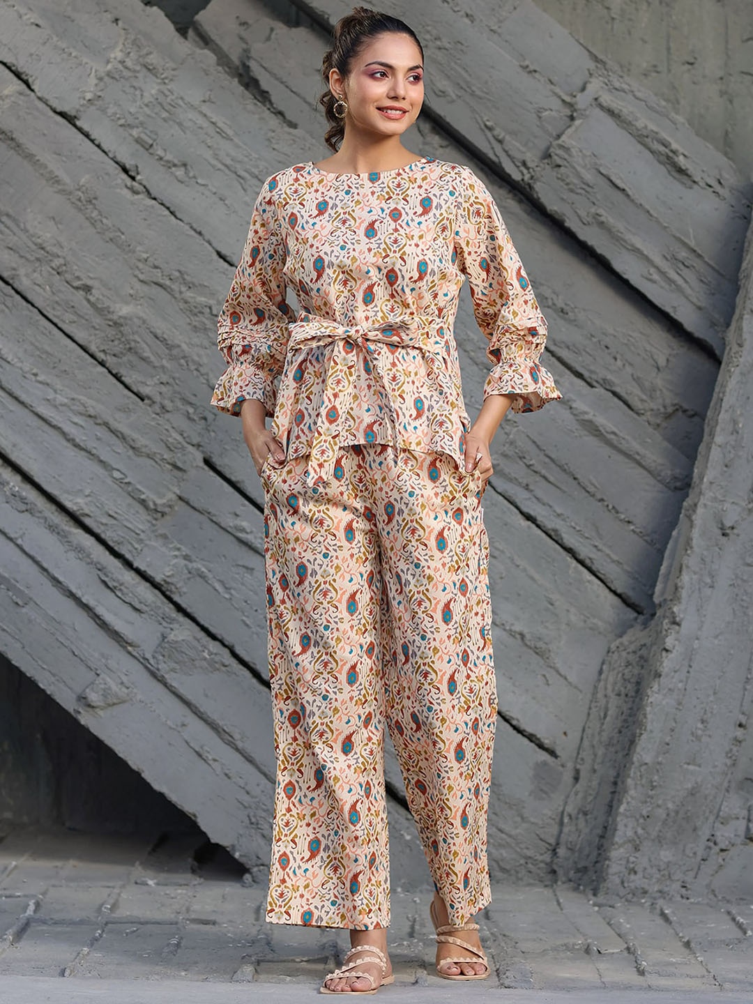 ODETTE Ethnic Printed Round Neck Top & Trousers, Beige