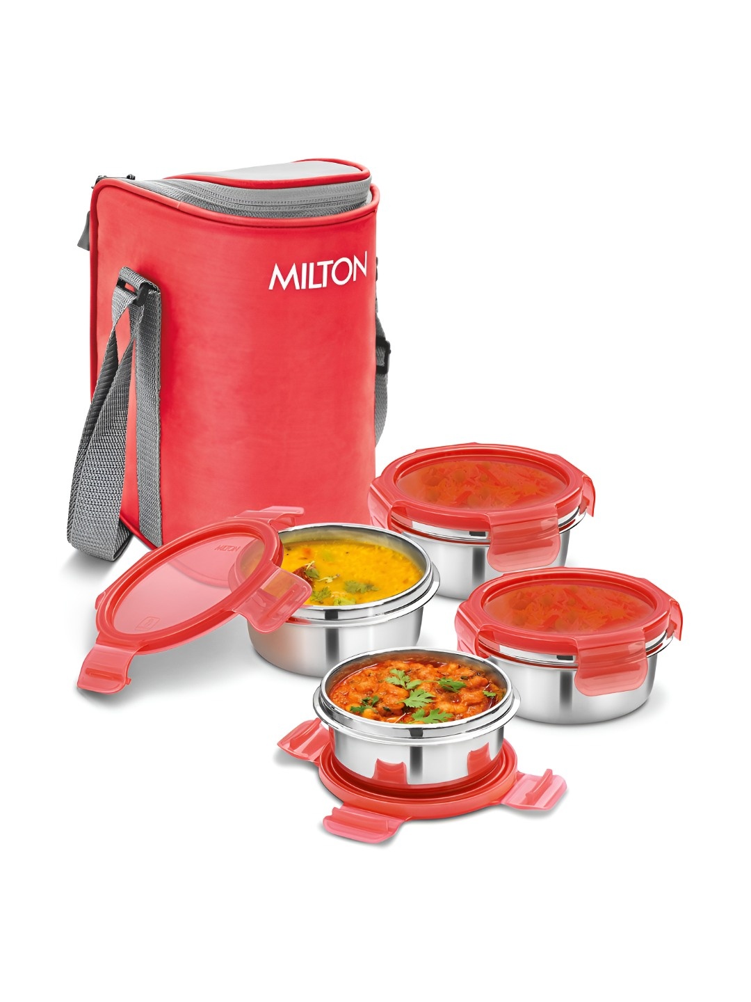 

Milton Red Cube 4 Set of 4 Leakproof Lunch Box with Insulated Jacket - 300 ml each