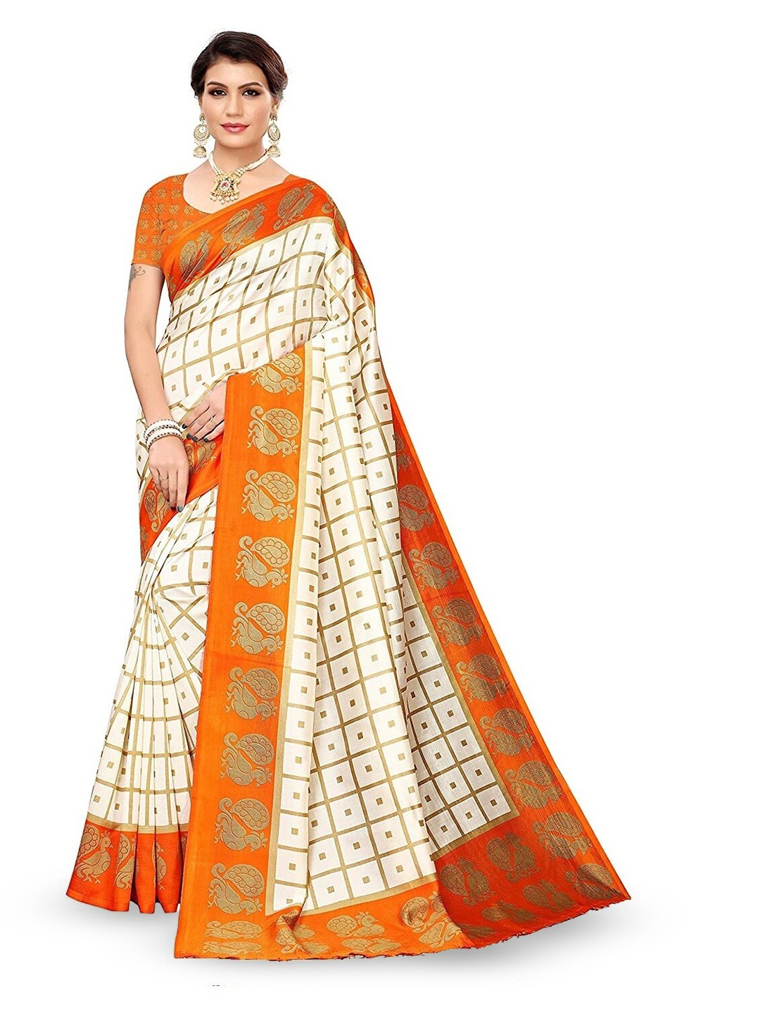 

RUNAYA NX Checked Printed Saree, White