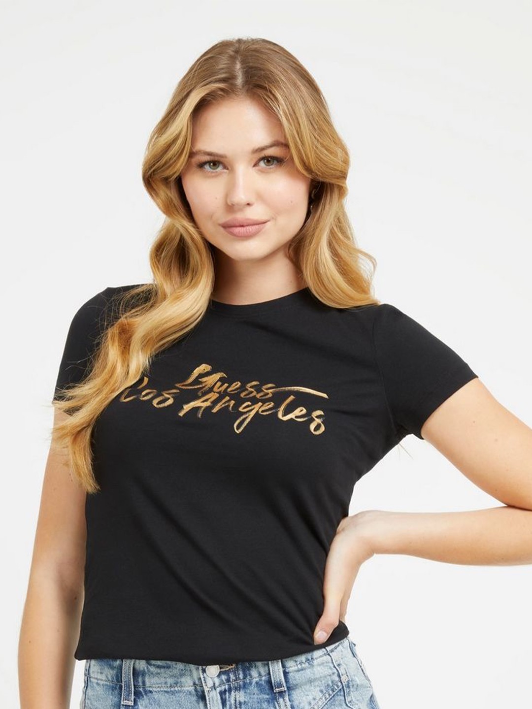 

GUESS Women Typography Printed Extended Sleeves Applique T-shirt, Black
