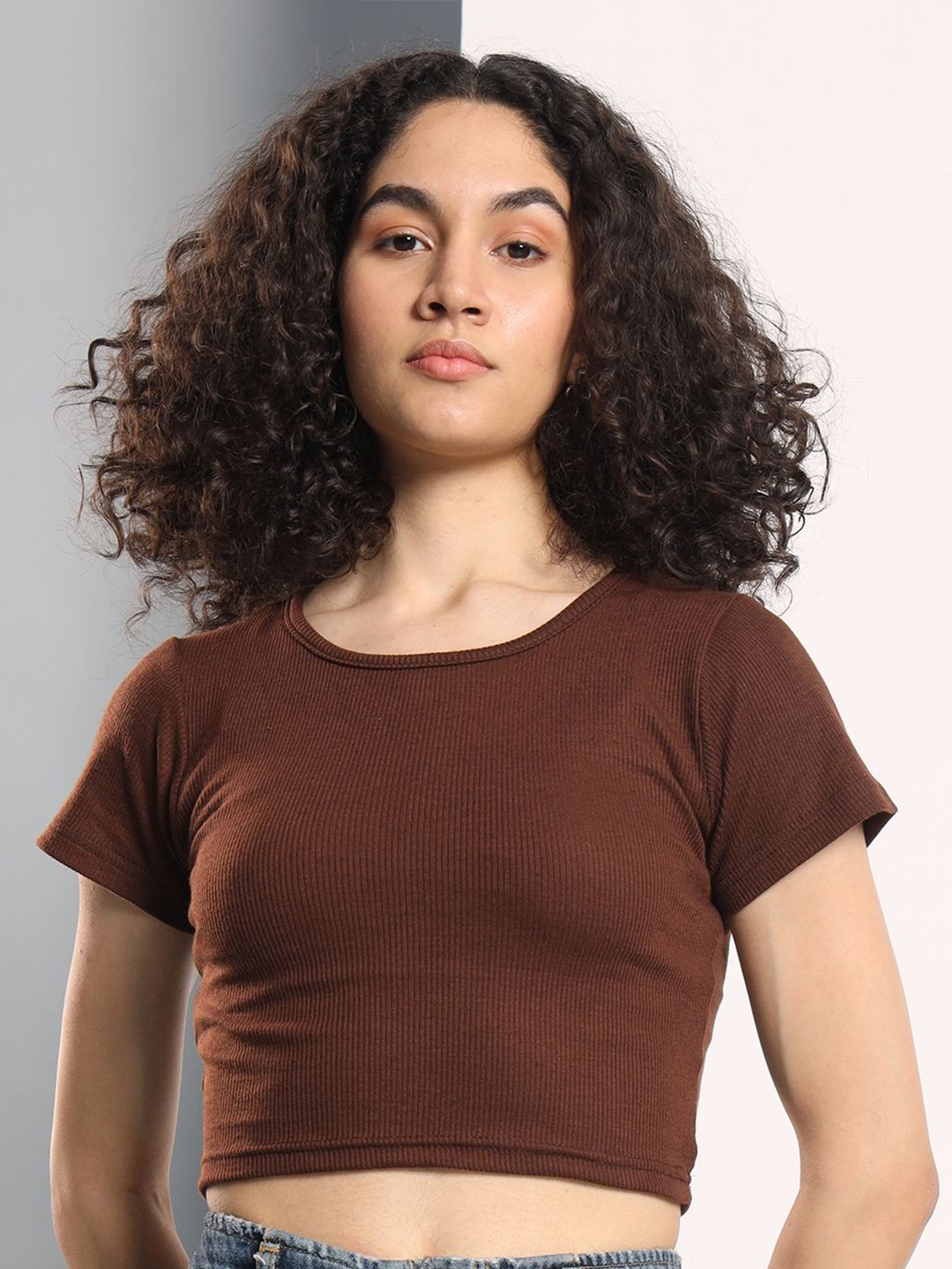 

Q-rious Round Neck Cotton Crop Top, Brown