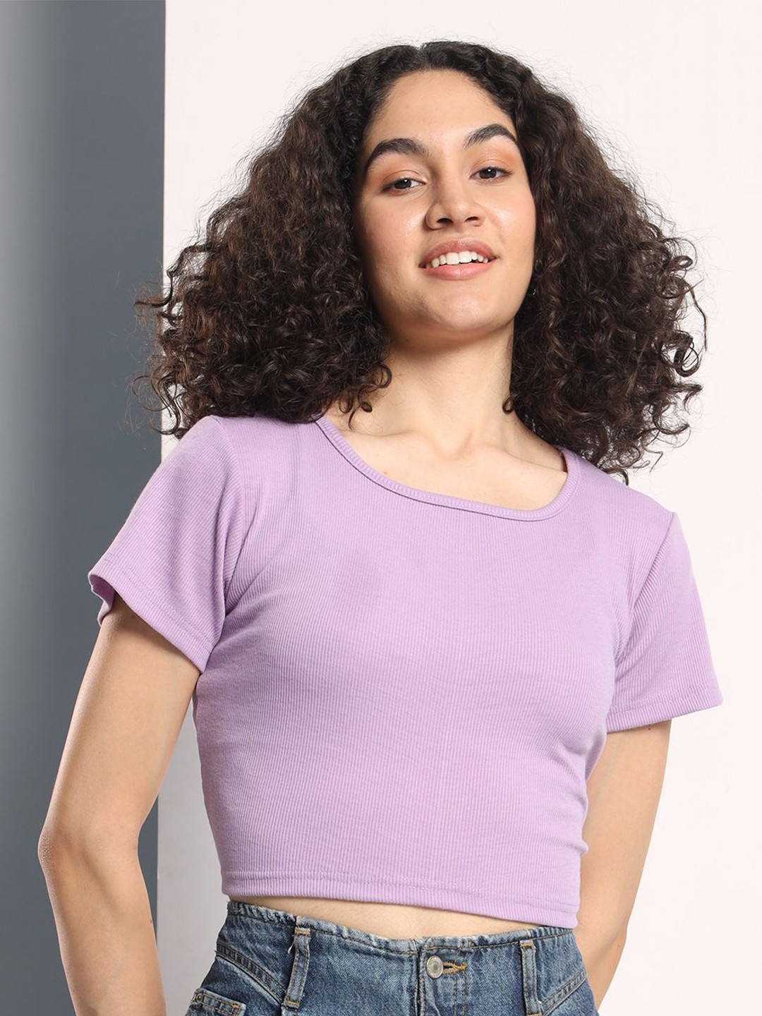 

Q-rious Knitted Cotton Round Neck Crop Top, Purple