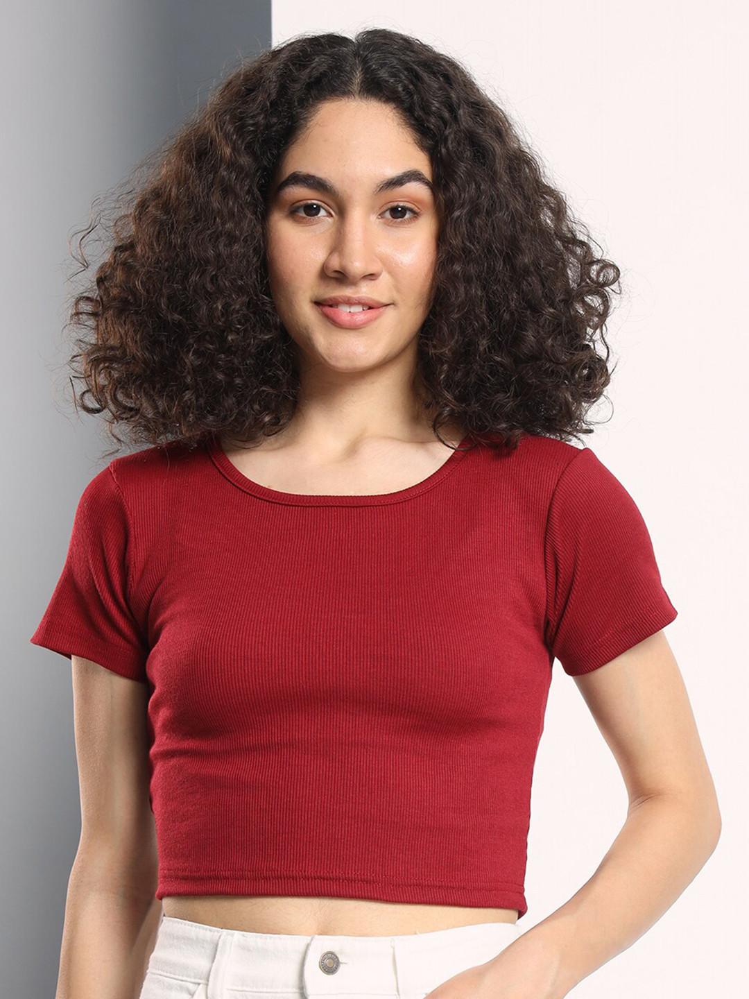 

Q-rious Cherry Red Knitted Cotton Crop Top, Maroon