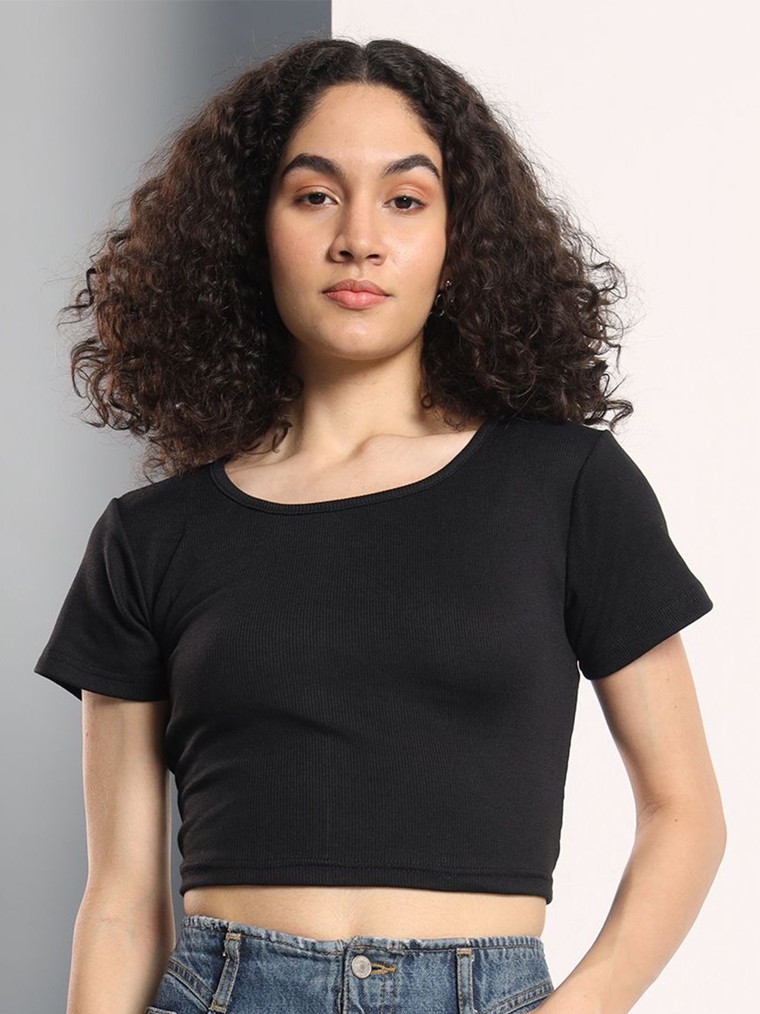 

Q-rious Cotton Knitted Round Neck Crop Top, Black