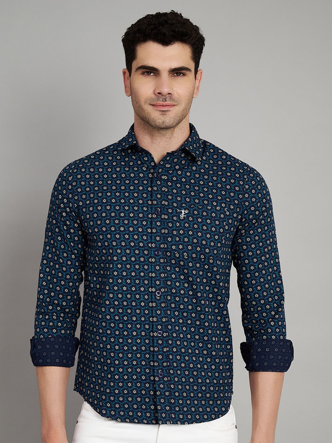 

Aazing London Slim Fit Floral Printed Cotton Casual Shirt, Navy blue