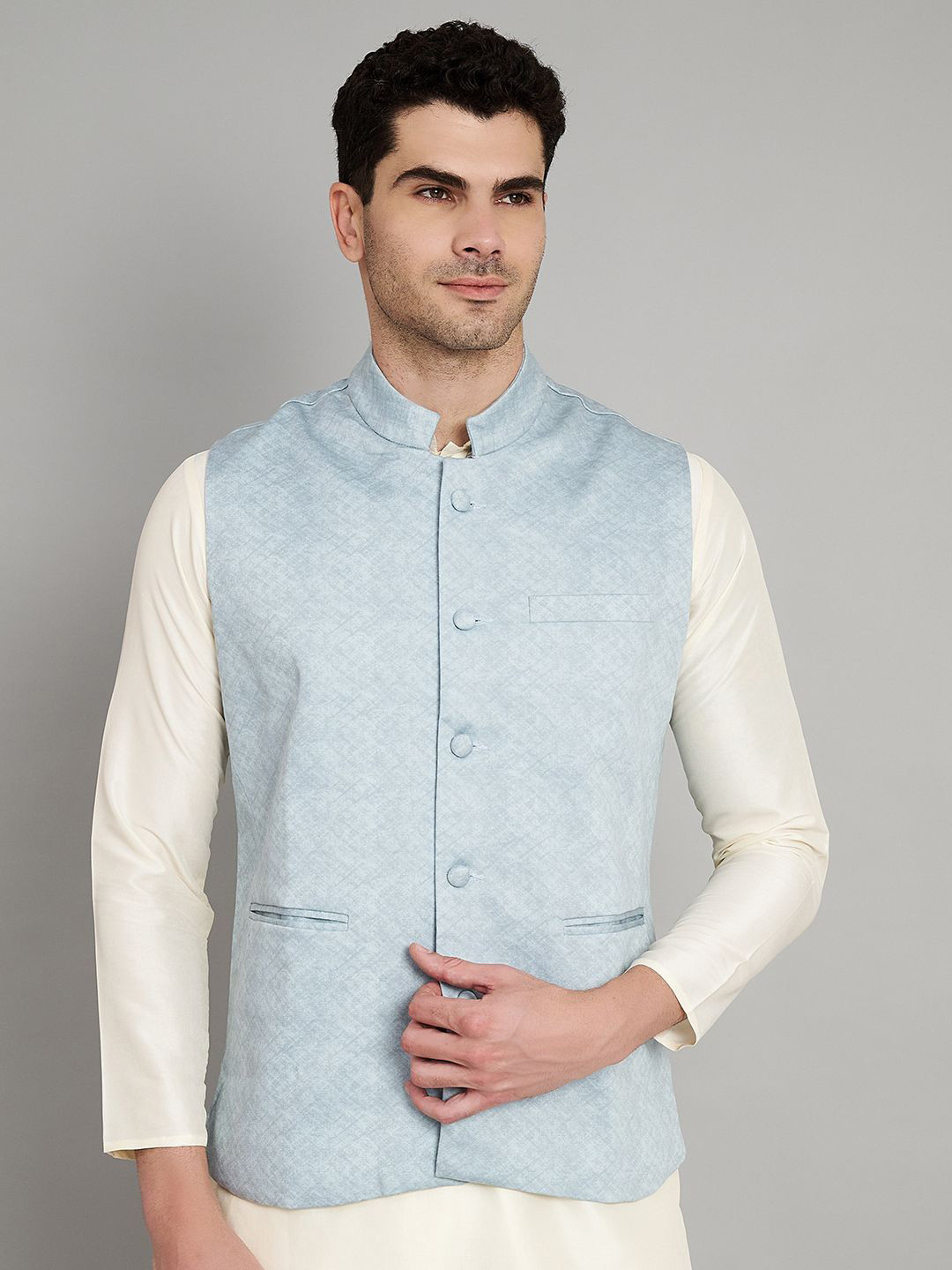 

Aazing London Printed Cotton Nehru Jacket, Blue